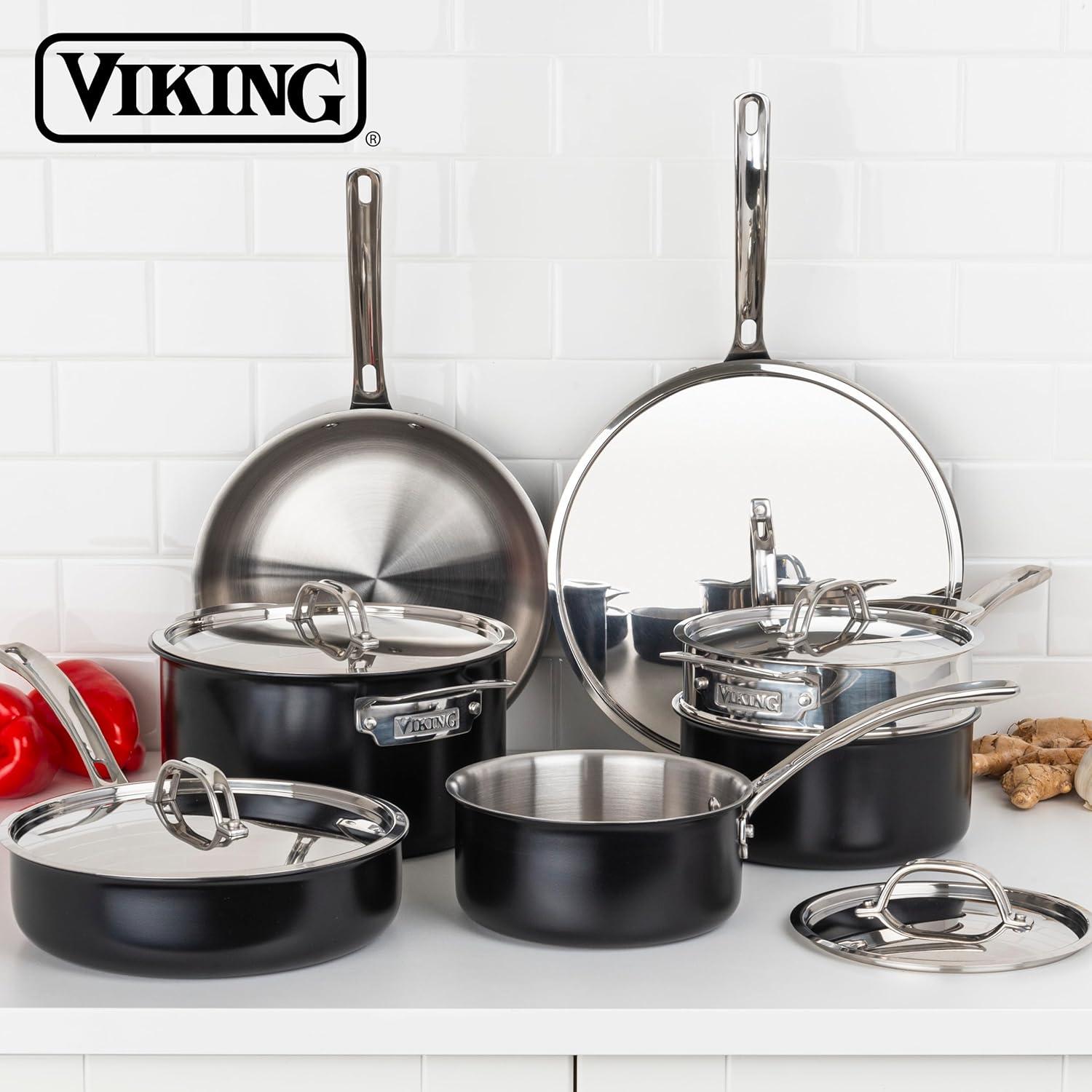 Viking Viking 12pc Cast Black 3-Ply Stainess Steel Cookware Set with Metal Lids