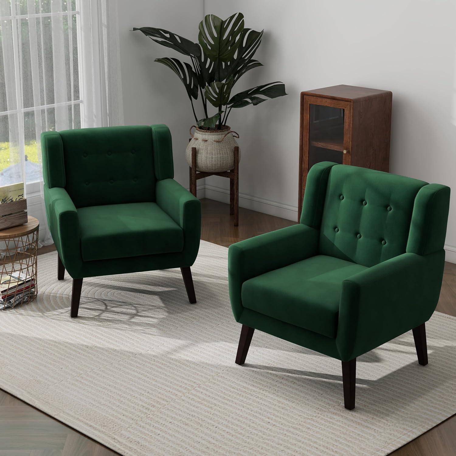 UIXE Velvet Accent Chair Chair Set of 2 Upholstered Comfortable Armchair Modern Chairs with Solid Wooden Legs for Living Room Office, Retro Green