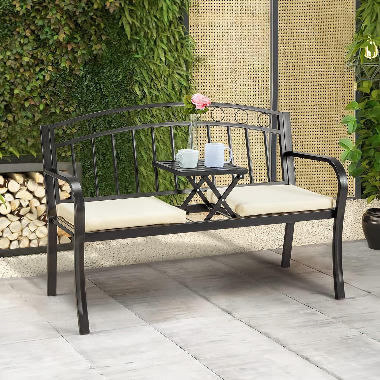 Black Metal 2-Seat Outdoor Bench with Pullout Table and Cushions