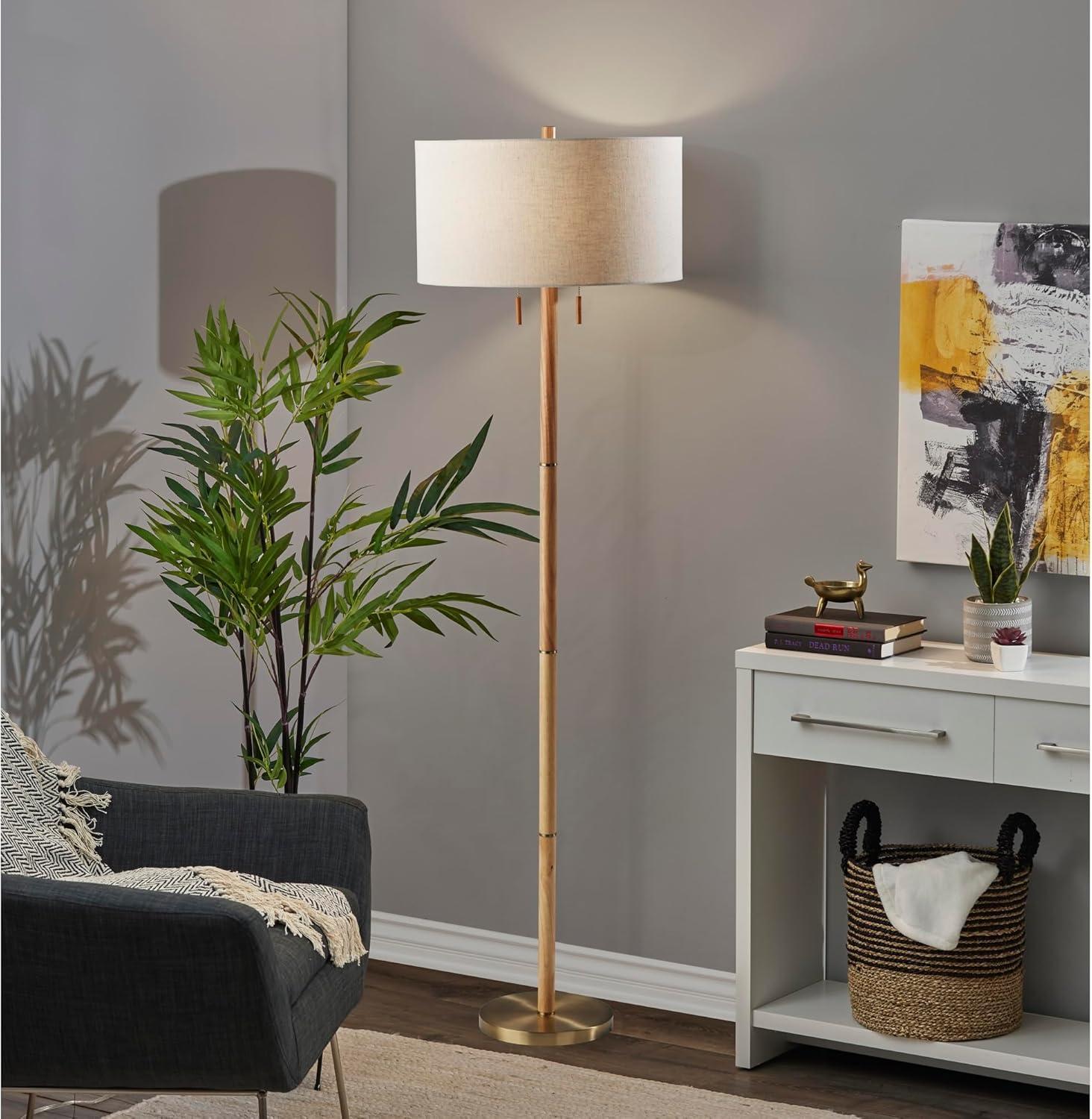 Madeline Floor Lamp Natural Rubberwood Antique Brass - Adesso