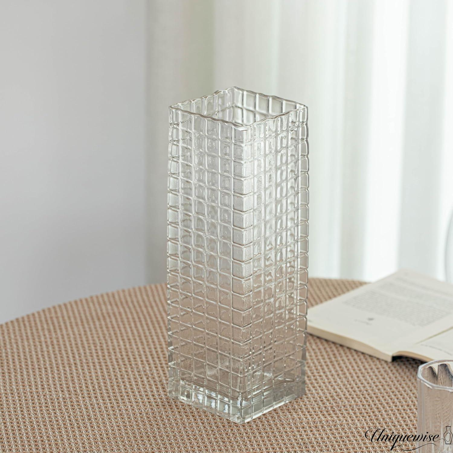 Uniquewise Large Square Frosted Clear Glass Table Vase - A Timeless Centerpiece for Dining Tables, Living Rooms, Bedrooms, Hotel Reception Areas