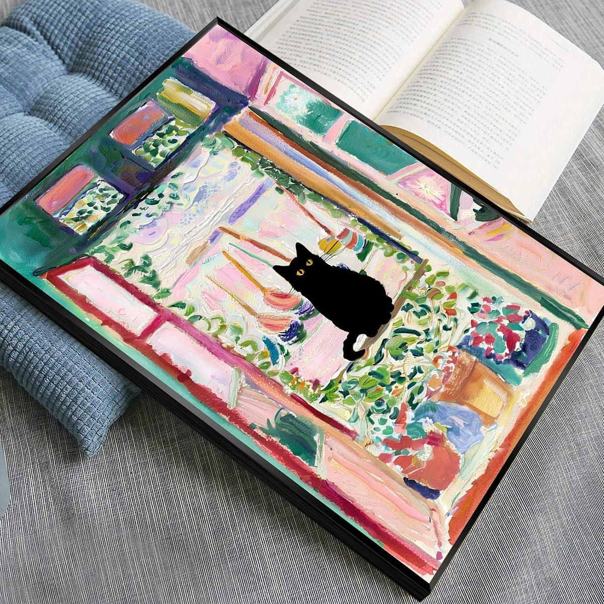 Henri Matisse Oil Paintings on Canvas Wall Art Matisse Famous Open Window Black Cat Poster Funny Cat Floral Print Colorful Farmhouse Gallery Aesthetic Room Decor for Bedroom Bathroom 12x16in Unframed