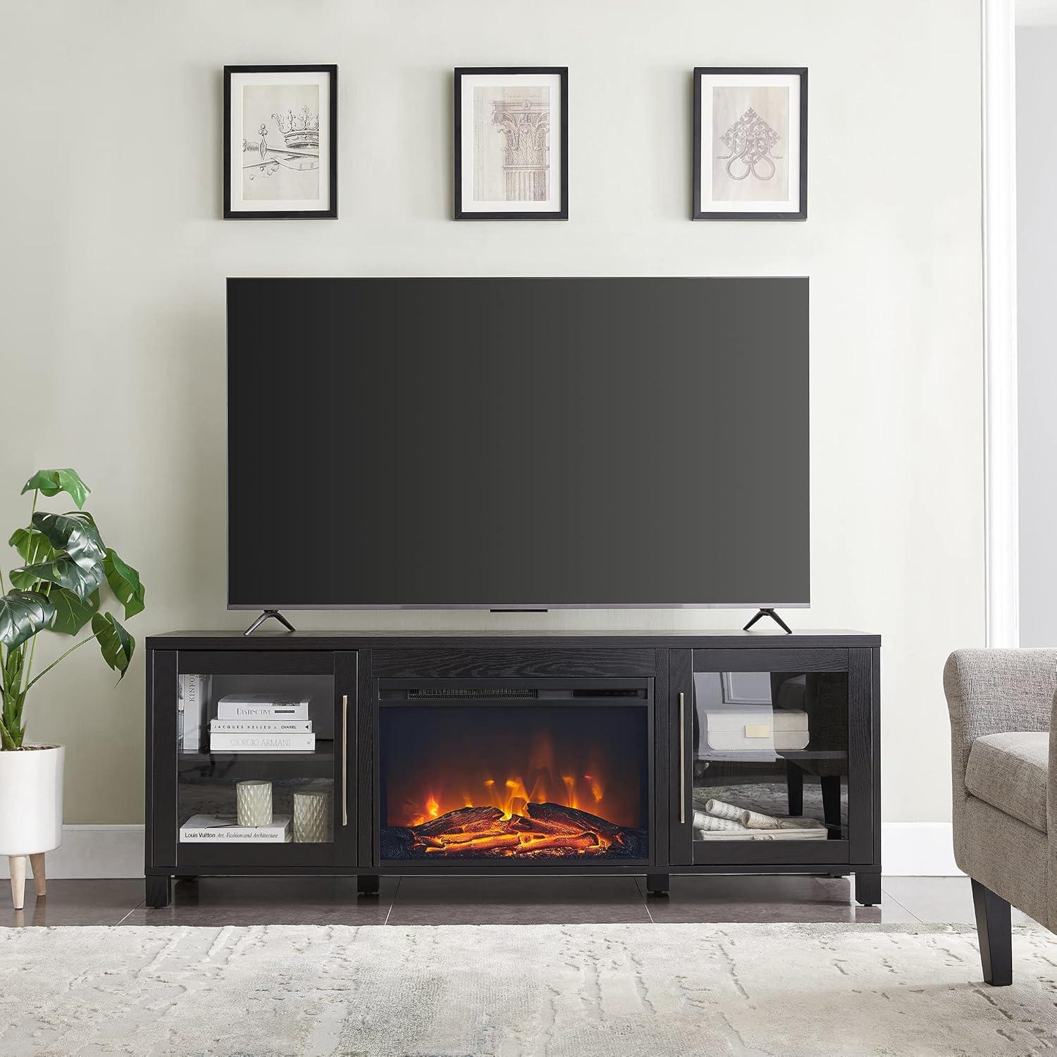 Evelyn&Zoe Quincy Rectangular TV Stand with 26" Log Fireplace for TV's up to 75", White