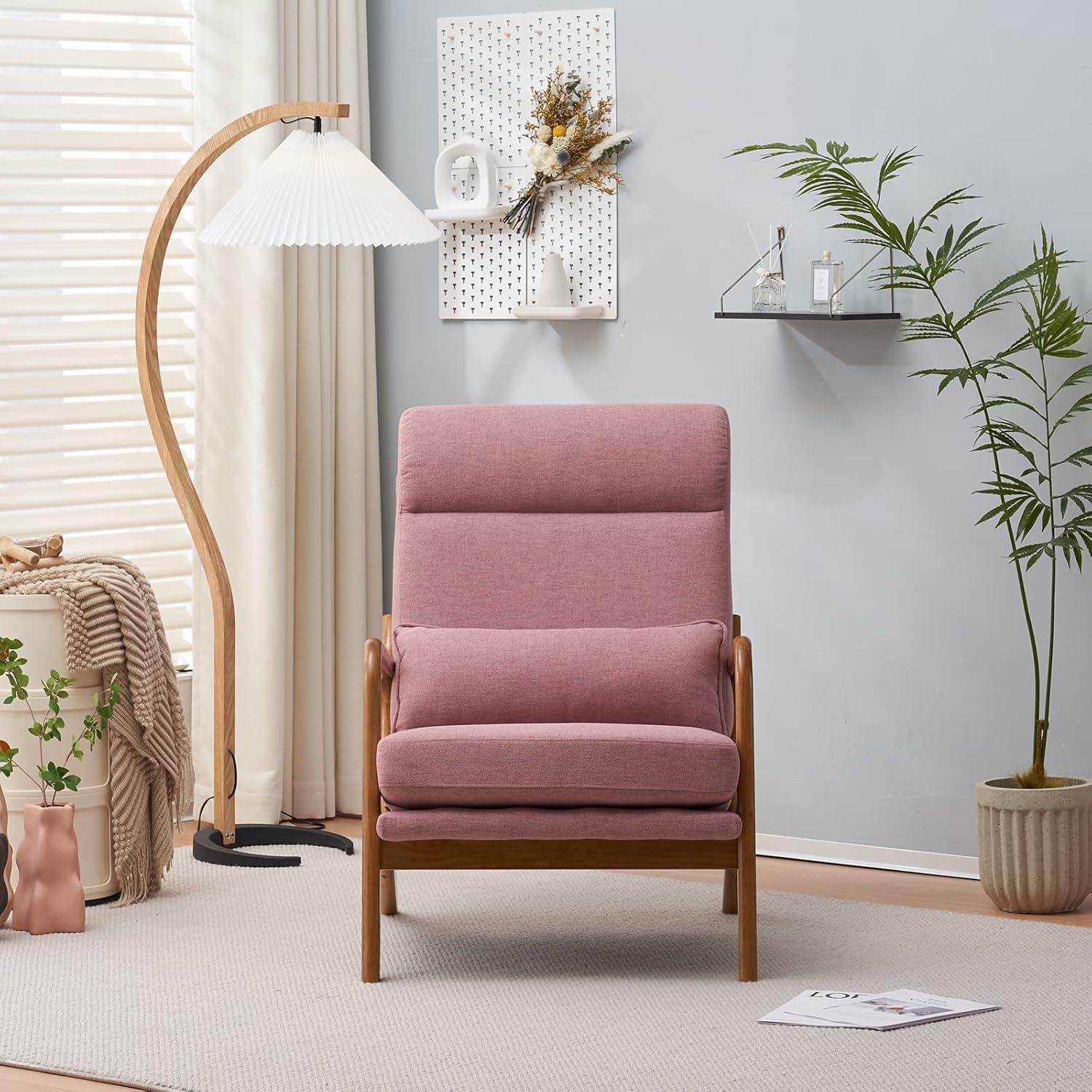 Ktaxon Mid Century Modern Accent Chair, Linen Fabric Armchair, Hight Back Single Sofa with Solid Wood Frame Pink