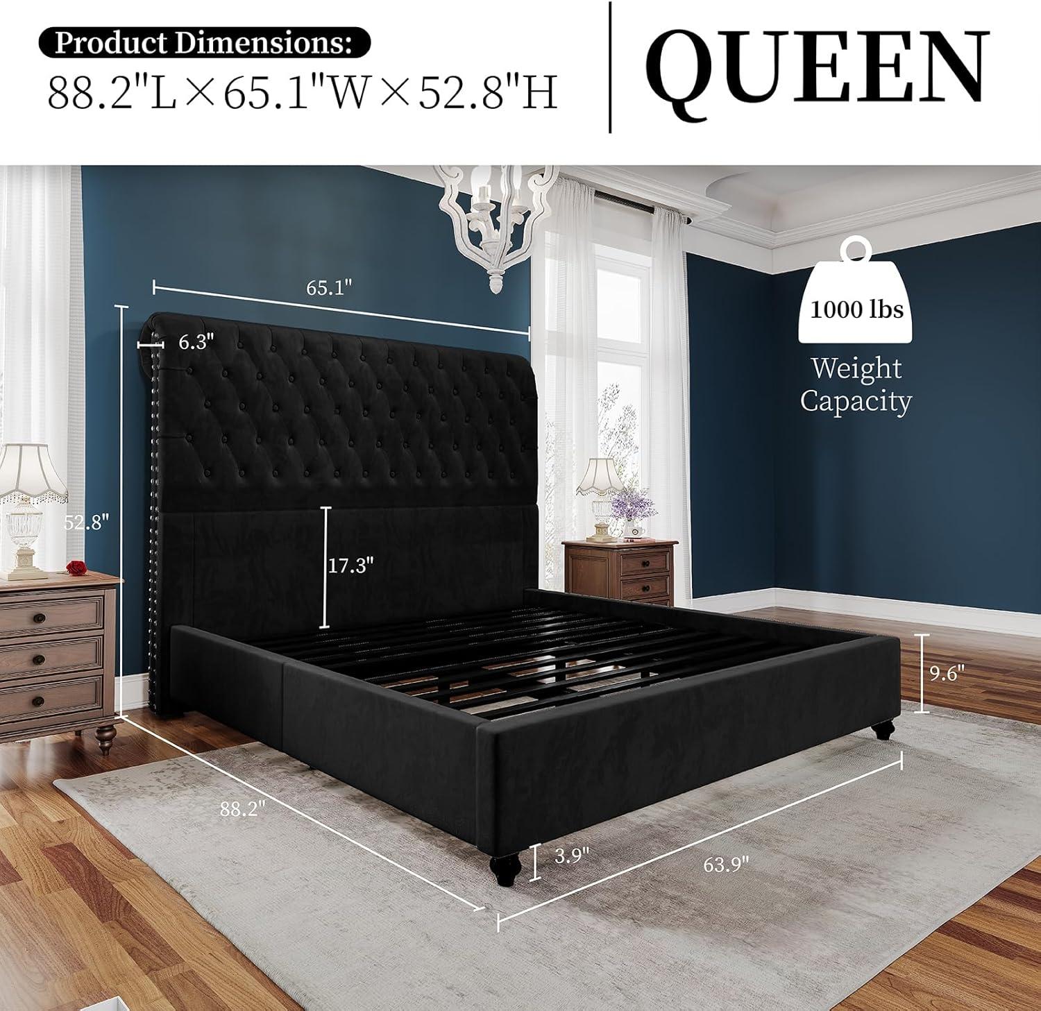PaPaJet Platform Bed Frame Queen Size Velvet Upholstered Sleigh Bed Deep Button Rolled Edge Tufted Headboard, Wood Slats Support/No Box Spring Needed/Easy Assembly/Black