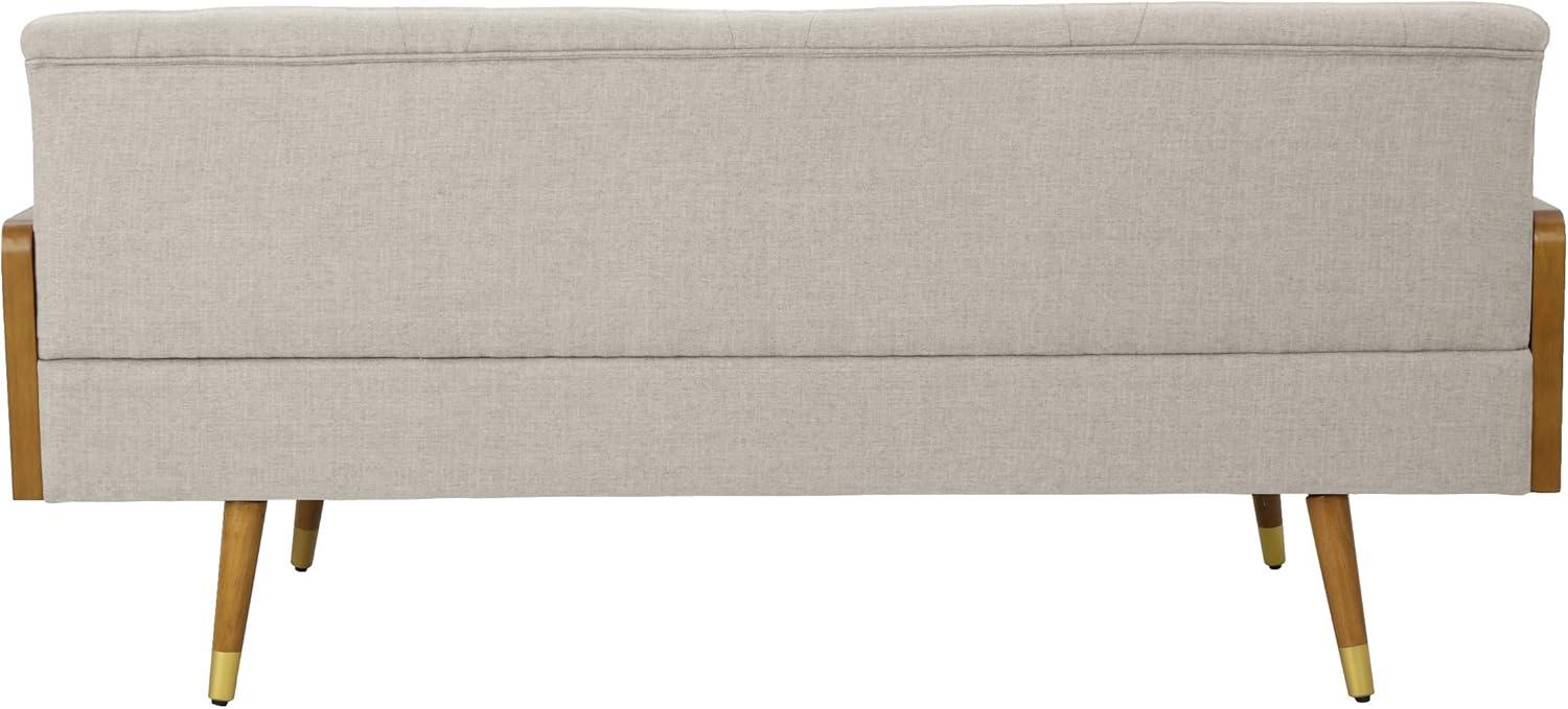 GDF Studio Aidan Mid Century Modern Tufted 3 Seater Sofa with Bolster Pillows, Beige Fabric and Dark Walnut