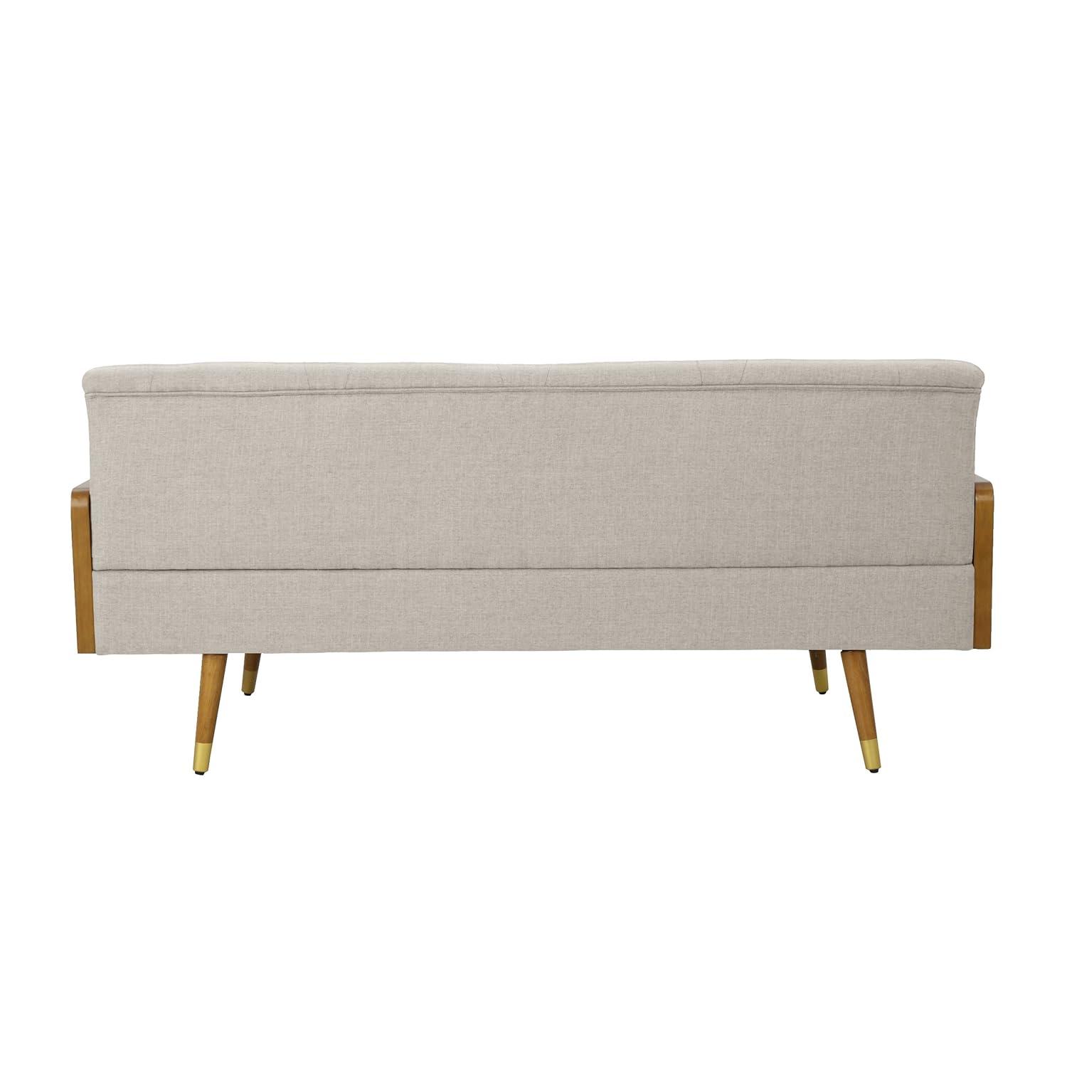 GDFStudio Aidan Mid Century Modern 72.25" Tufted Upholstered 3 Seater Sofa，Beige/Dark Walnut/Gold