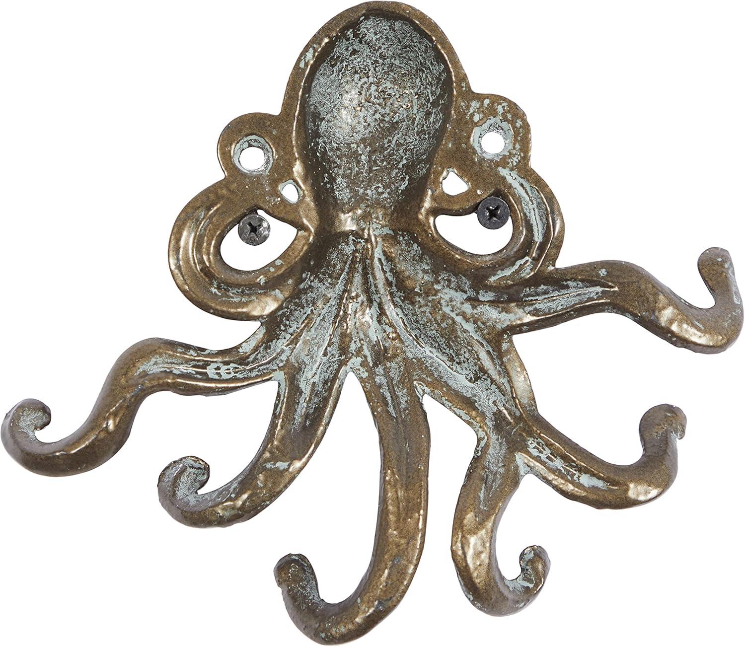 DecMode 8"W, 7"H Bronze Metal 6 Hangers Octopus Wall Hook, 2-Pieces