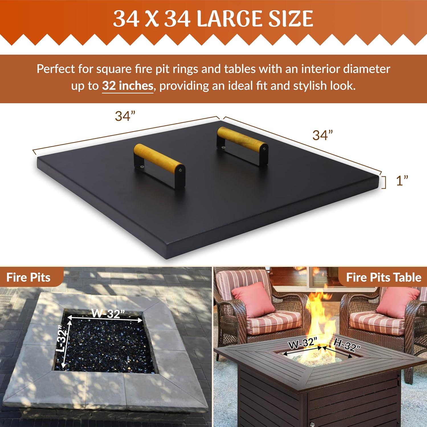 FEBTECH Fire Pit Snuffer Lid - Fire Pit Lid Square 34X34 Fire Pit Cover Square, Rust Resistant Firepit Lid,Carbon Steel Fire Pit Table Lid Square, Compatible For Firepit & Firepit Table Inside Dia Up To 32".