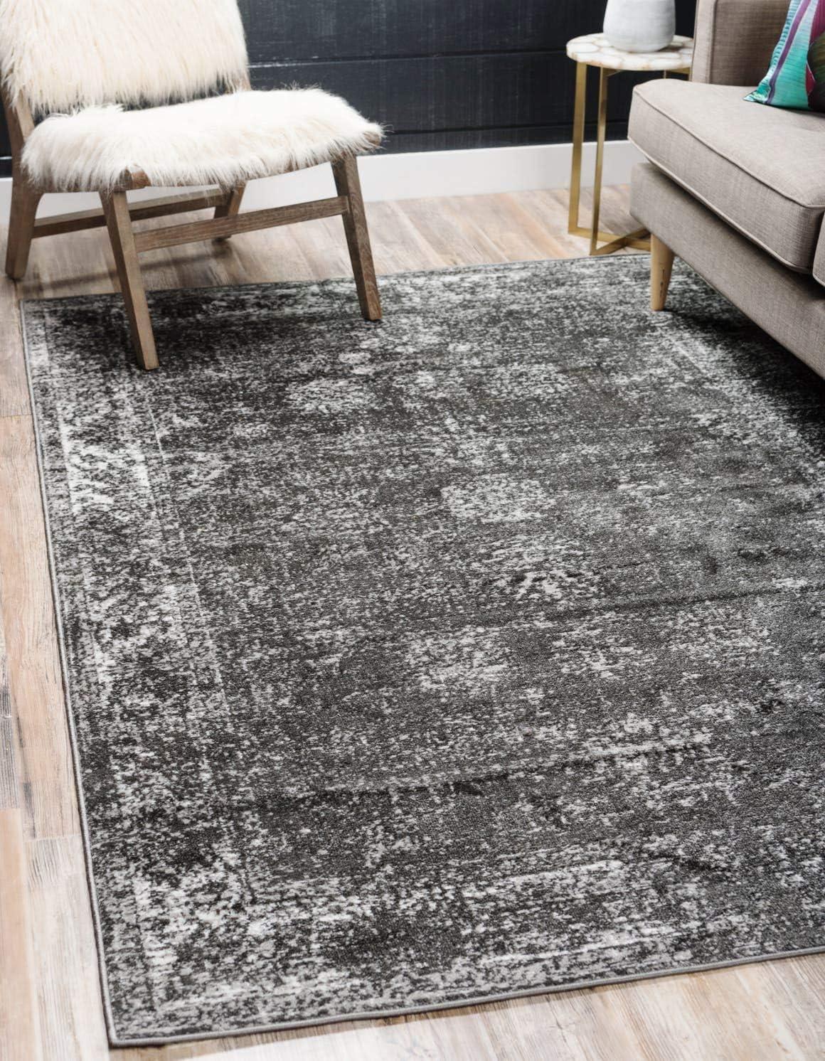 Dark Gray Floral Motif Synthetic Area Rug