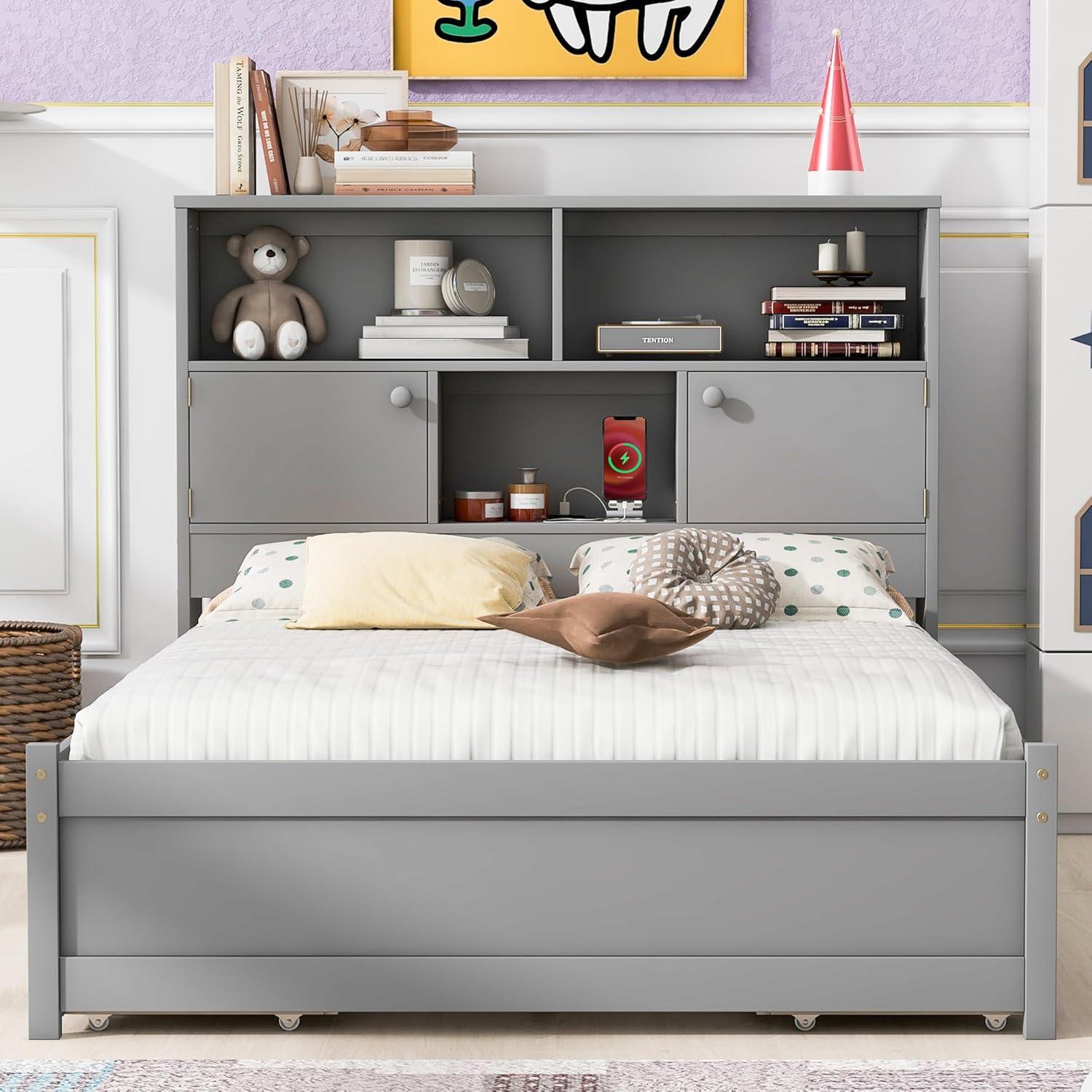 Gray Full Size Pine Wood Storage Bed with Bookcase Headboard and Drawers