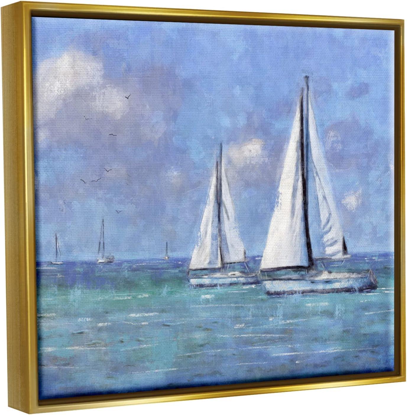 Stupell Industries Sailboats Drifting Vivid Blue Sky Painting Metallic Gold Floating Framed Canvas Print Wall Art, Design by Nina Blue
