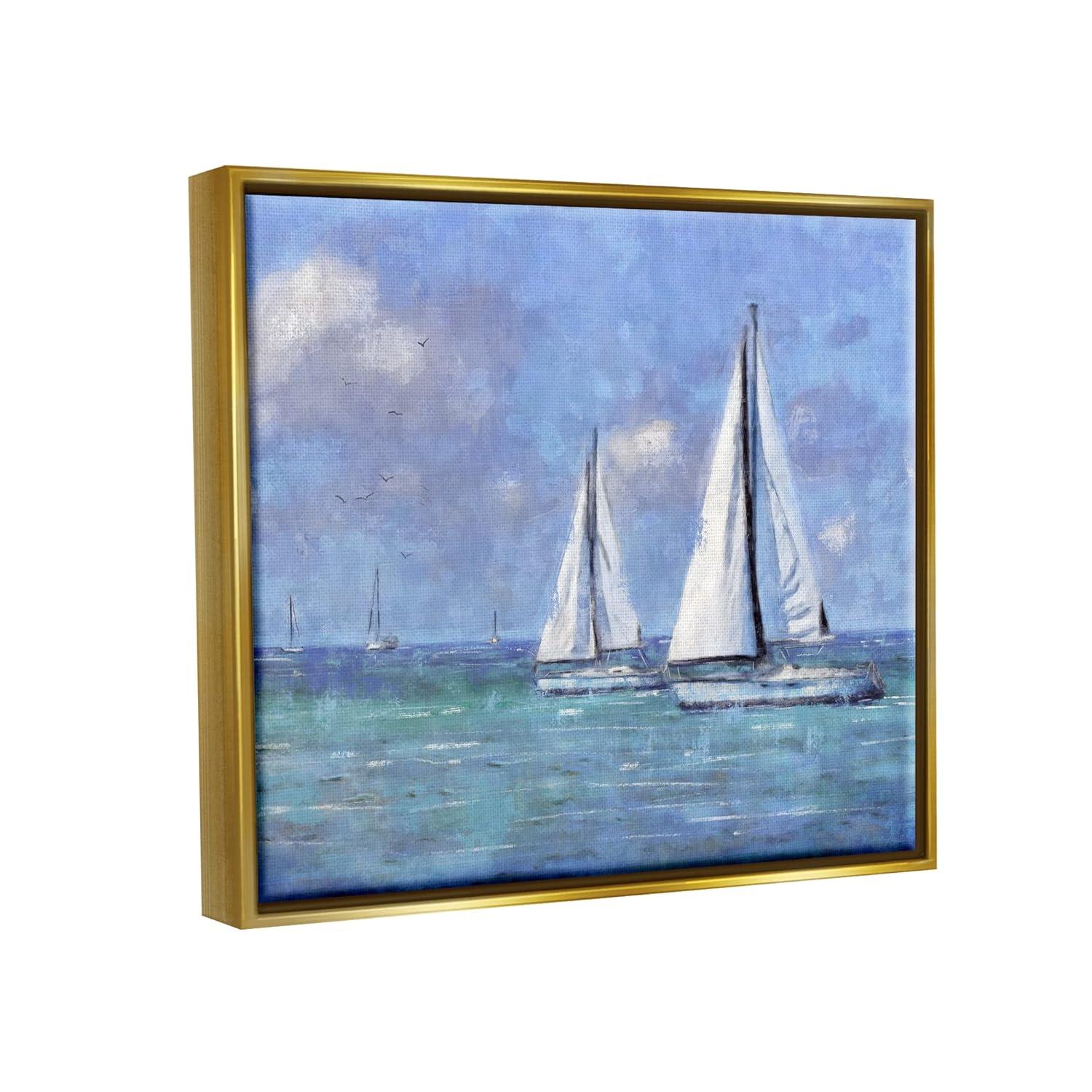 Stupell Industries Sailboats Drifting Vivid Blue Sky Painting Metallic Gold Floating Framed Canvas Print Wall Art, Design by Nina Blue