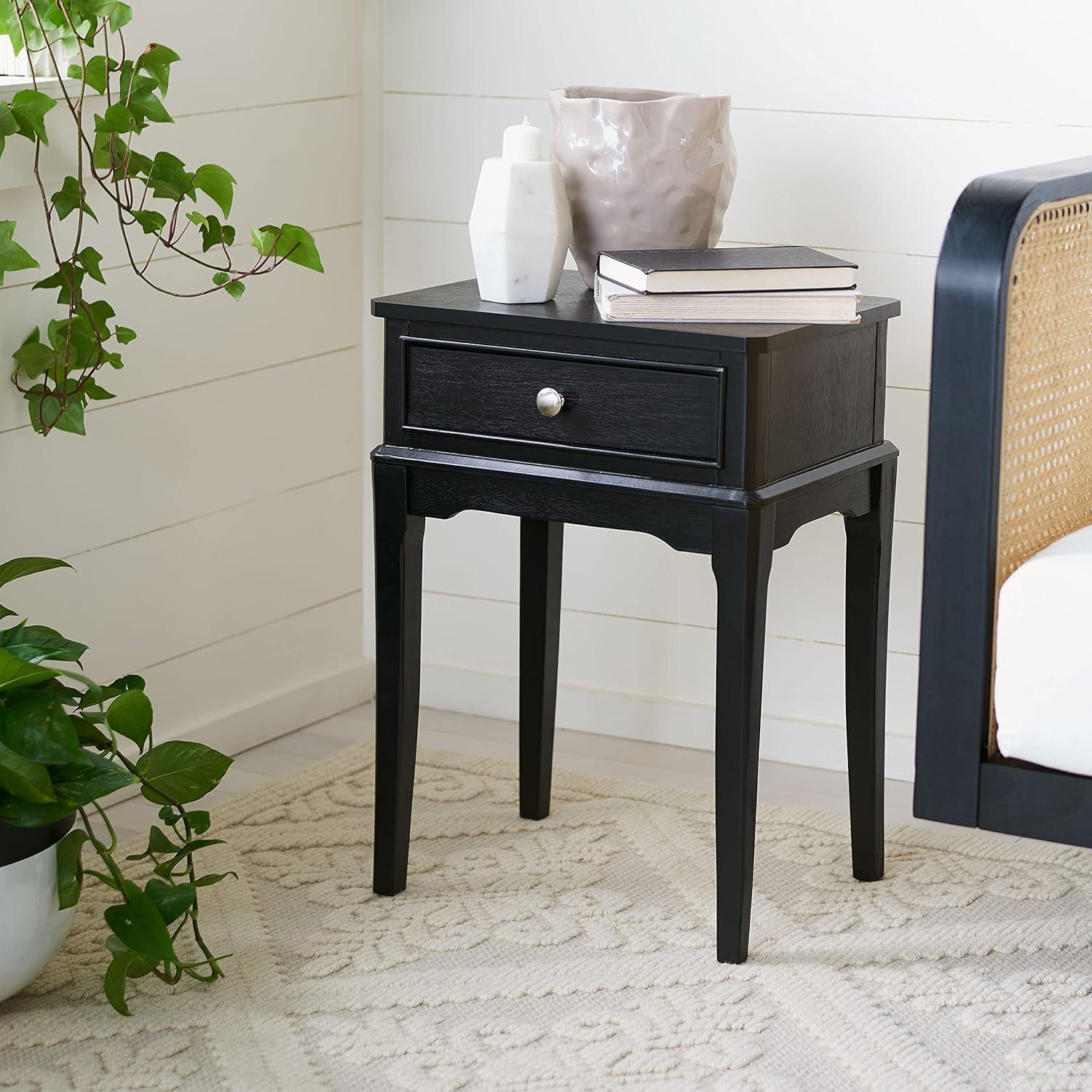 Opal French Black Wood Storage Accent Table with Scalloped Apron