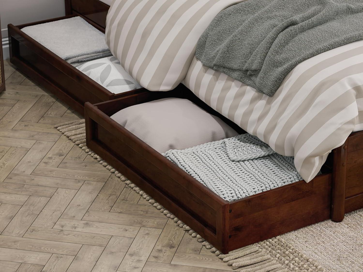 Barcelona King Solid Wood Panel Platform Bed with Storage Drawers in Walnut