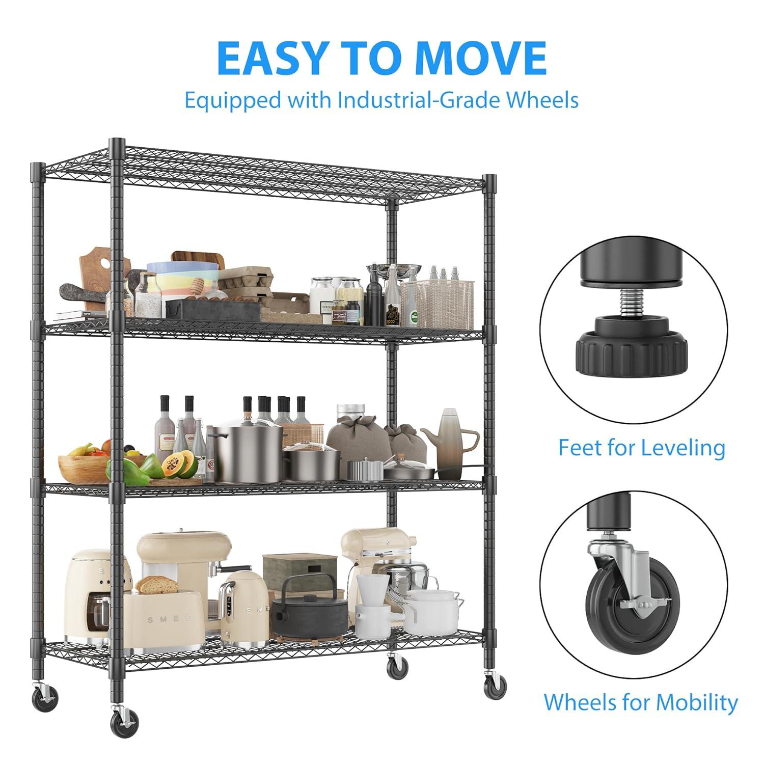 Homdox Heavy Duty Metal Shelves for Storage, 4 Tier Storage Racks and Shelving, Commercial Adjustable Wire Shelving Unit on Wheels, Garage Rack Pantry Shelves Kitchen Shelving, 24"x48"x72", Chrome