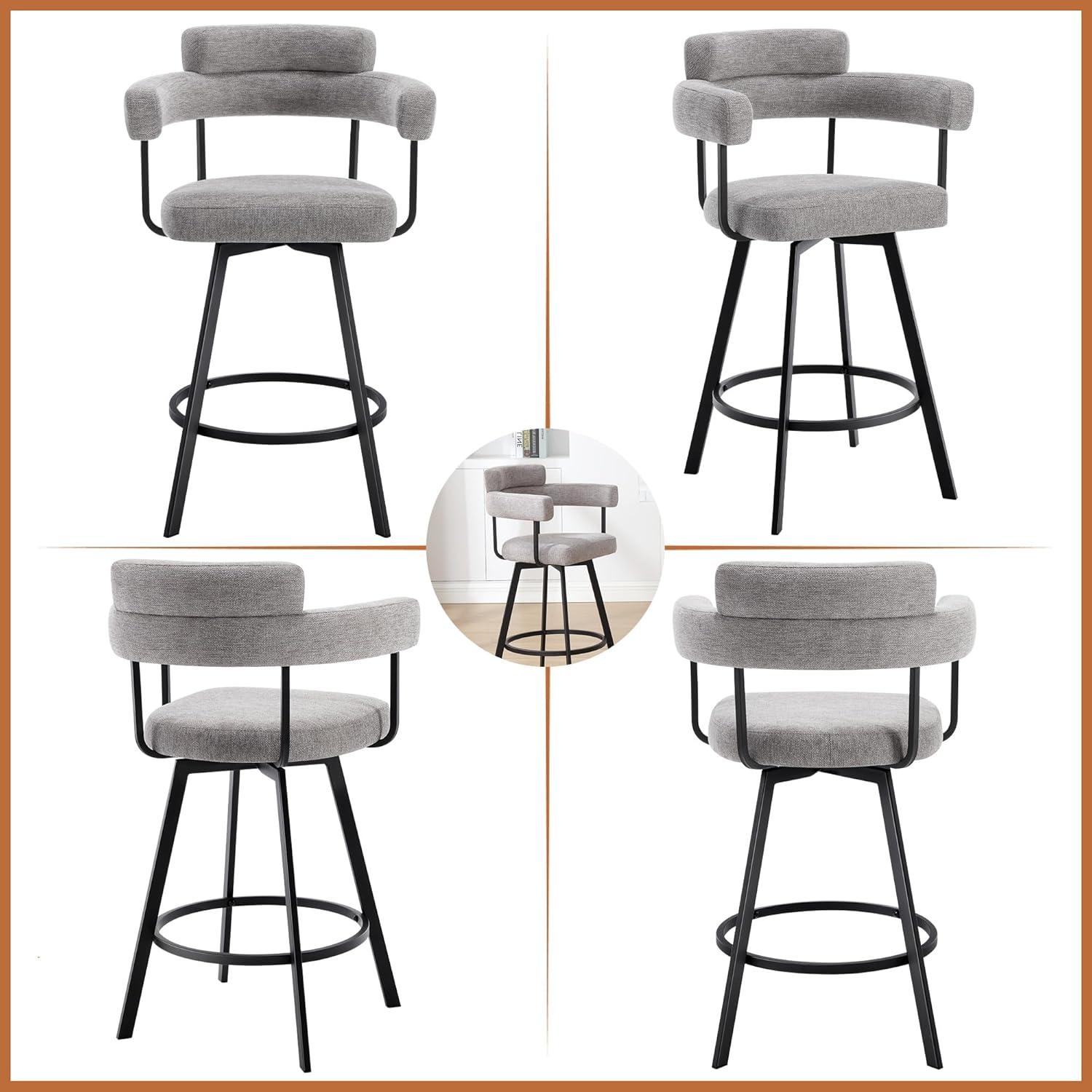 Rabassa Swivel Upholstered 26" Linen Counter Stool with Curved Wing Back and Metal Frame