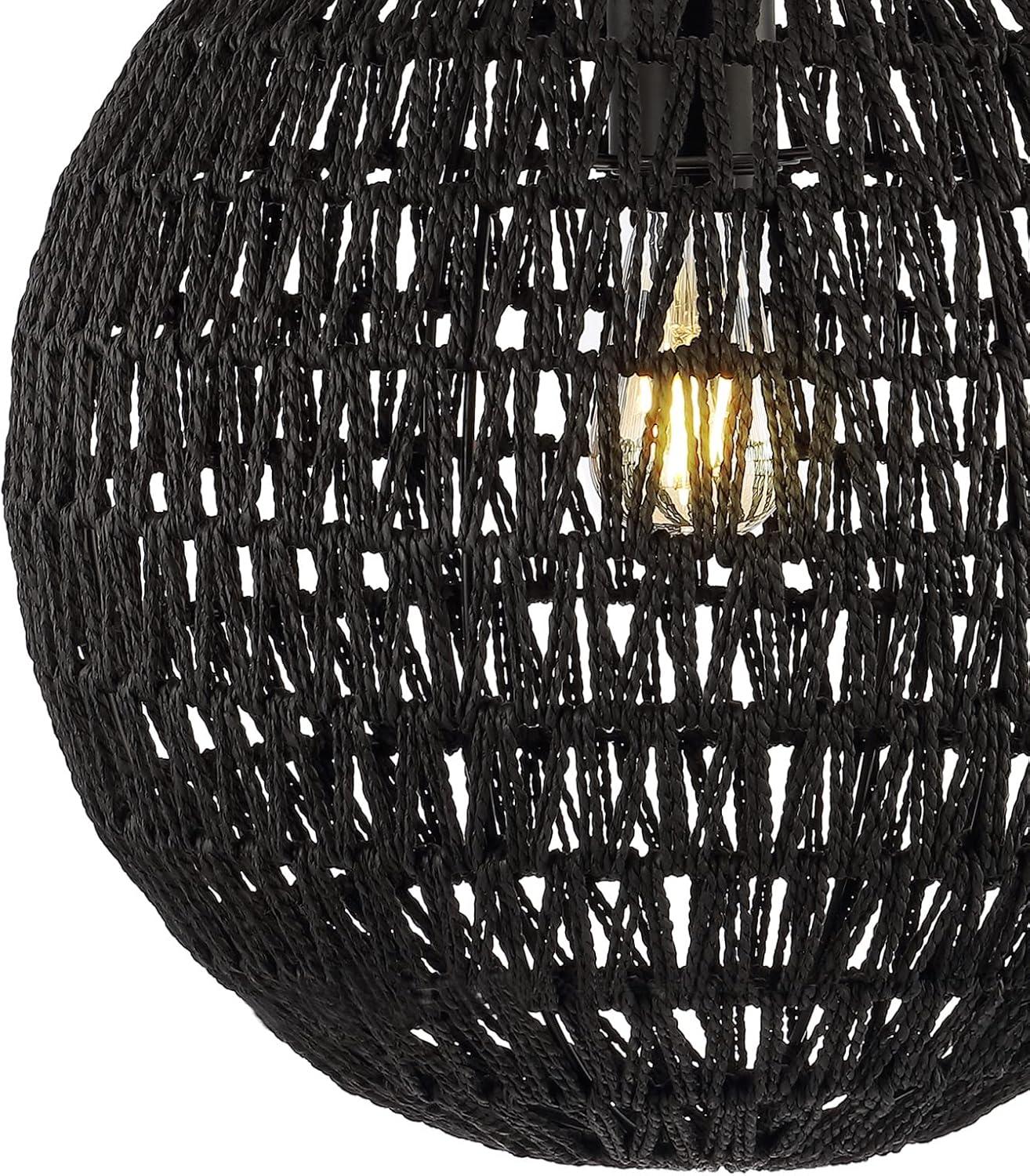 Luna 15.75" Bohemian Modern Black Woven Rattan/Iron LED Pendant