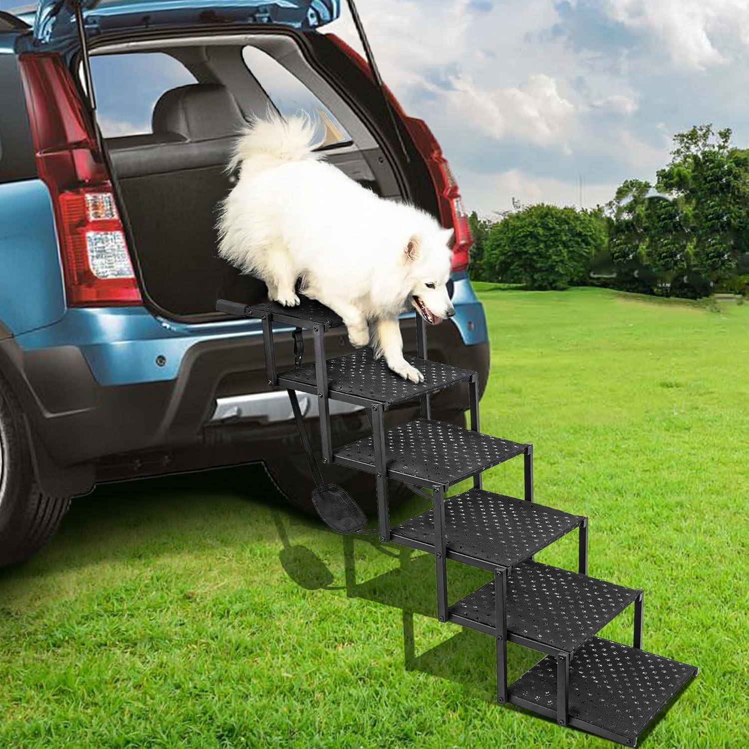 Dog Stairs for Car - Foldable Dog Ramps for Large Dogs with Non Slip Surface, Portable Dog Steps for Cars and SUV, Truck, Support Up to 200 Lbs, 6 Steps