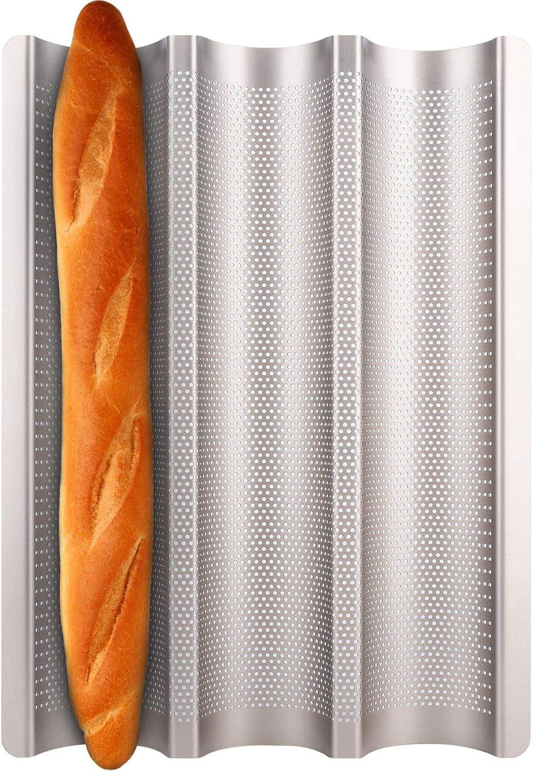 Baguette Pan, French Bread Pans For Baking Pan, Nonstick 3 Slots Perforated Italian Loaf Pan Mold Long French Bread Pan,Golden