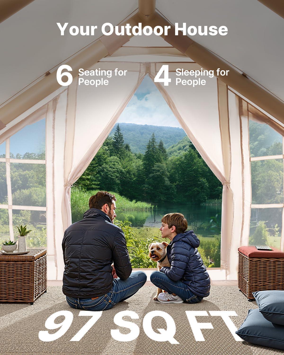 VEVOR Inflatable Tents for Camping, 4-6 Person Easy Setup Blow up Tent with Hand Pump,300D Oxford 4 Season Glamping Tent with Stove Jack 2 Doors & 4 Mesh Windows,Storage Bag Included for Easy Taking