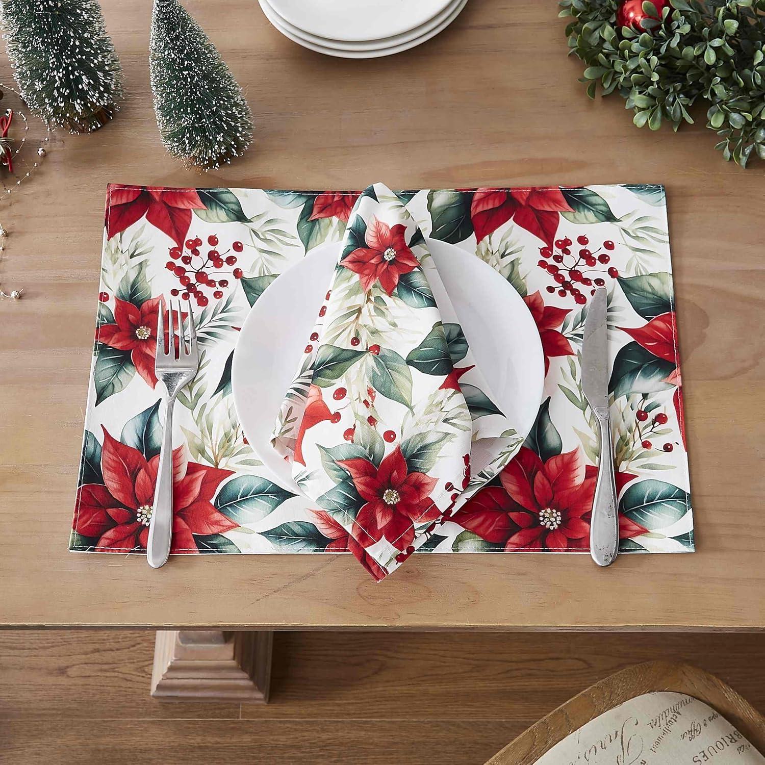 Ivory and Red Poinsettia Holiday Placemats Set of 4