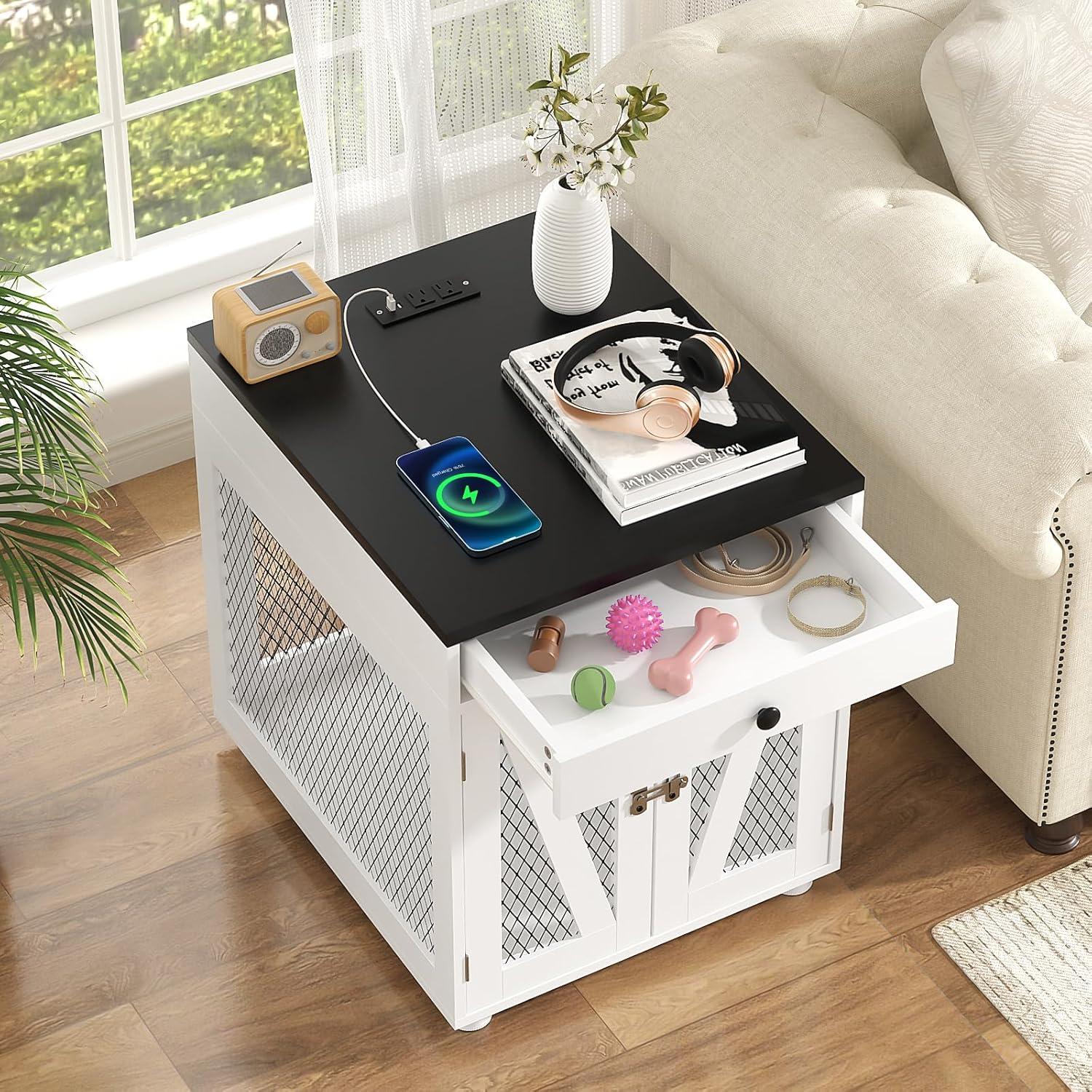 Tucker Murphy Pet™ Dog Crate Furniture, Wooden Dog Kennel End Table with USB Charging Station, Storage Drawer, Double Latched Door, Farmhouse Furniture-Style Crate Side Table for Dogs Under 40 lbs, Indoor Use