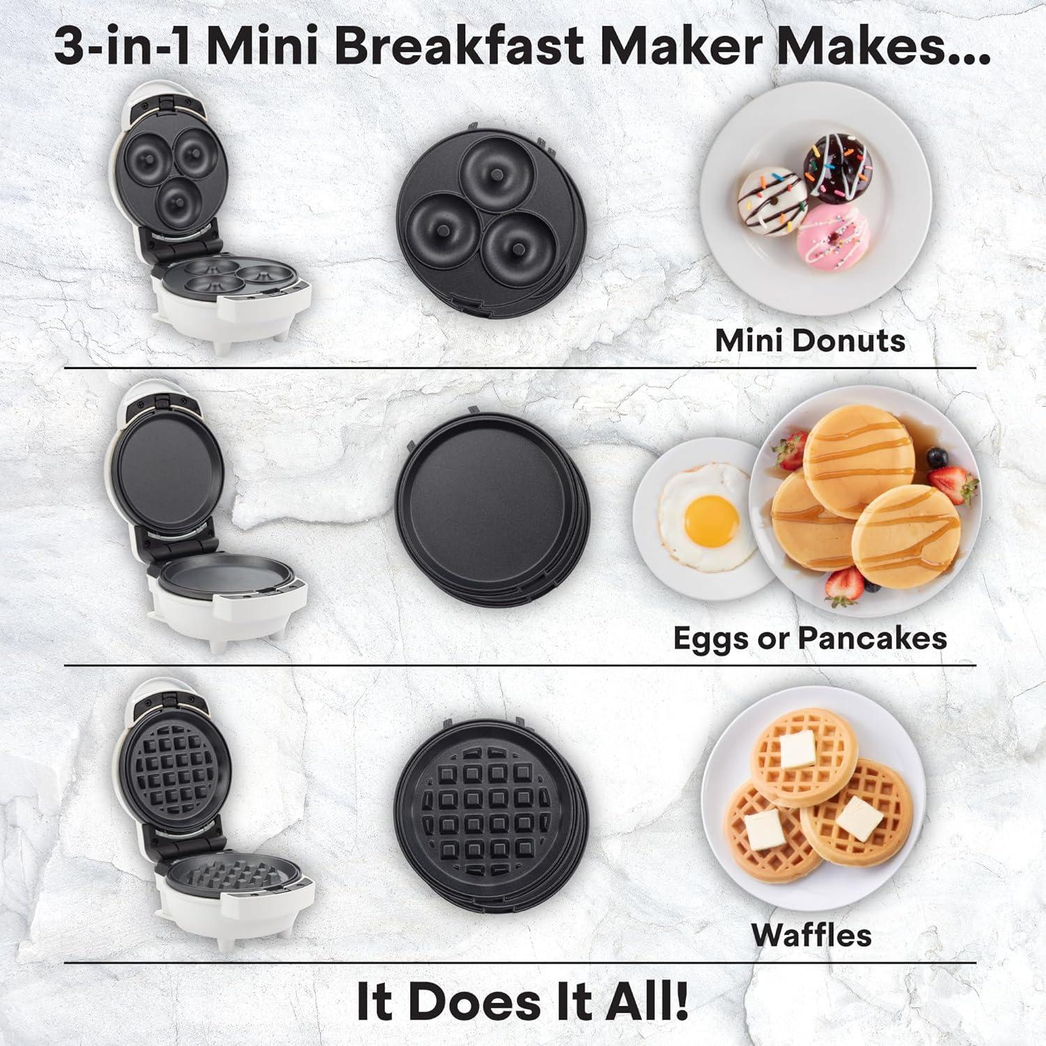 MasterChef 3-in-1 Mini Breakfast Maker- Make Eggs, Pancakes, Donuts, & Waffles and More in One Appliance! 3 Removable Non-Stick Cooking Plates for Easy Cleaning & Storing