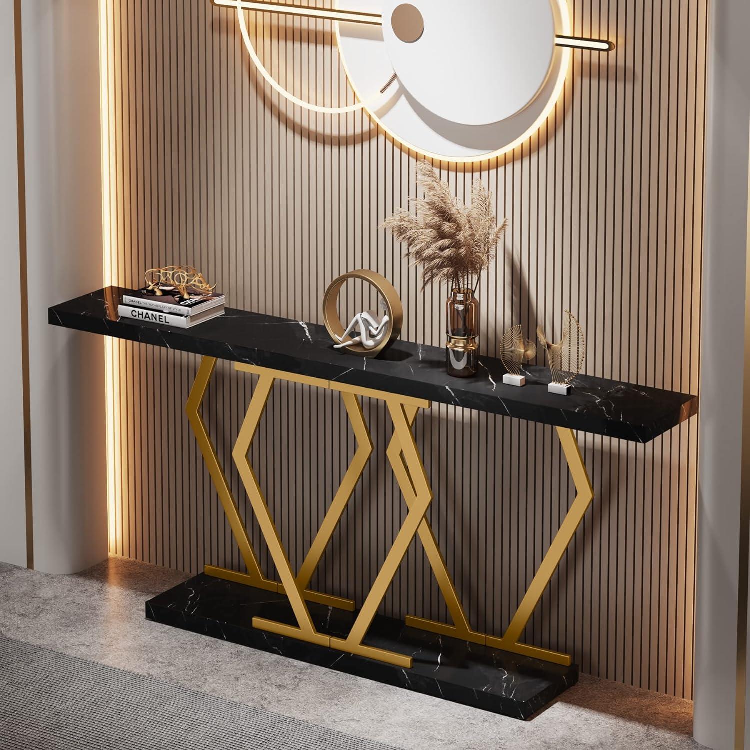 Yardi Yarda 70.9" Console Table, Modern Sofa Table with Faux Marble Tabletop, Faux Marble Black & Gold