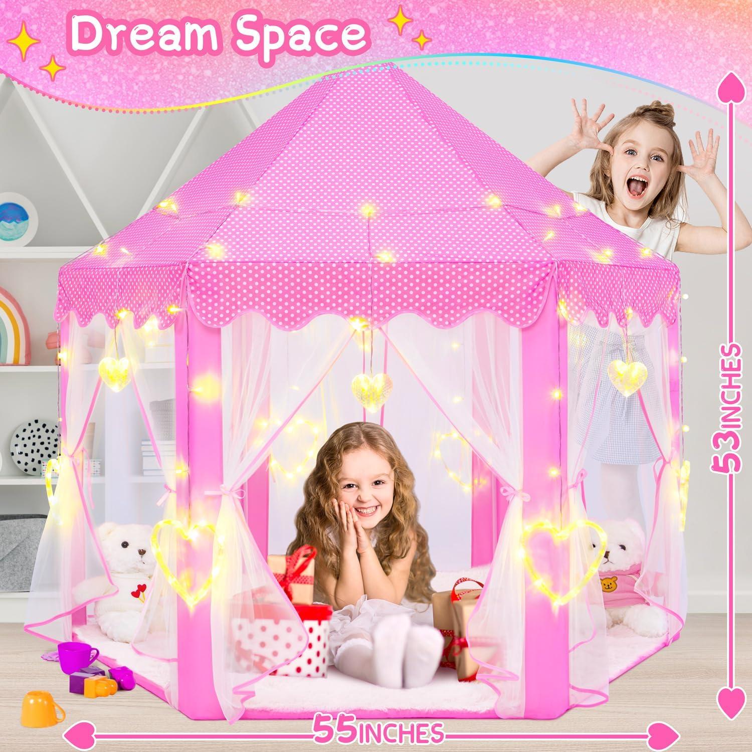 EVOIONOS Princess Tent for Girls, Kids Play Tent with LED Star Lights, Castle Playhouse for Children Indoor Outdoor Games, 55X53 inches, Pink