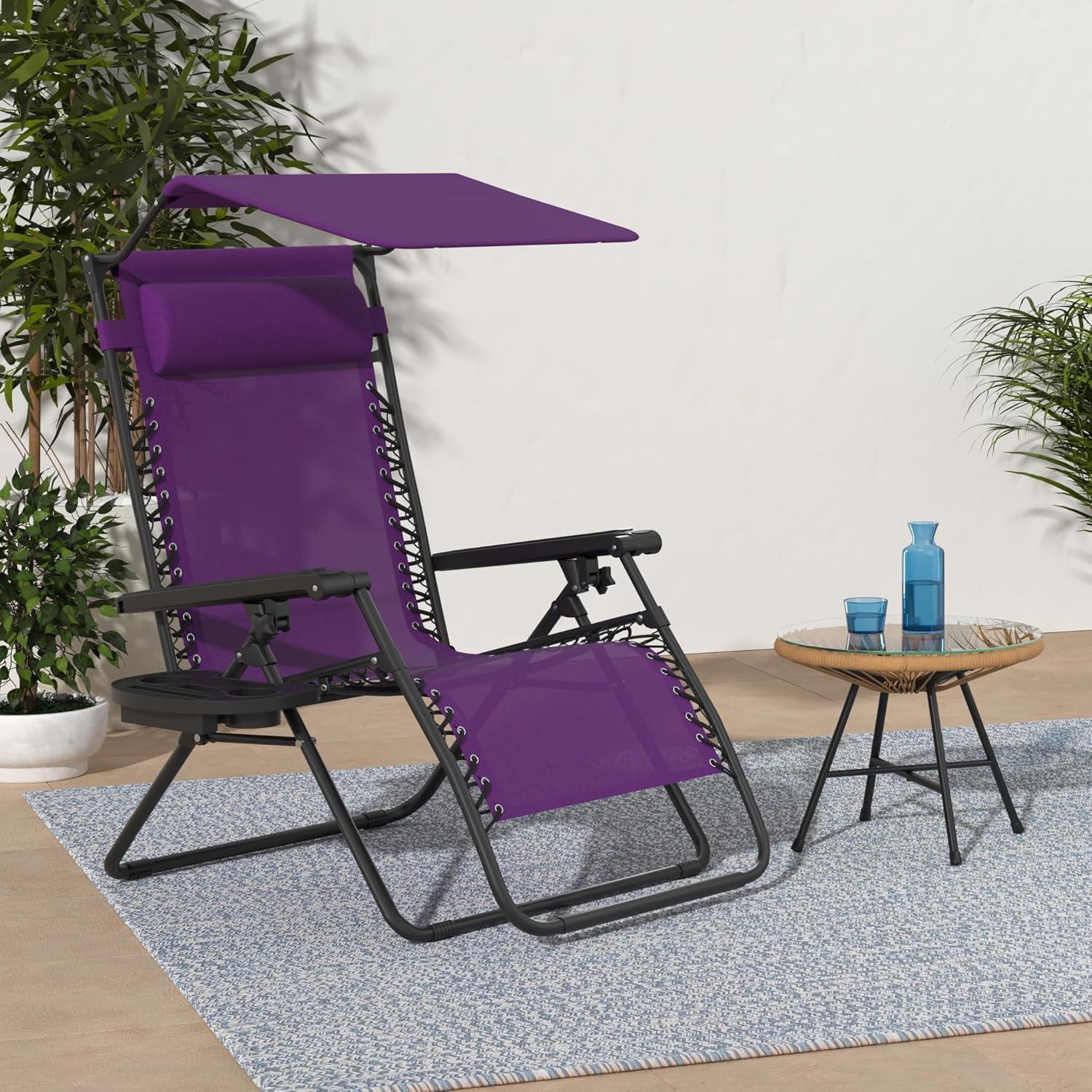 Best Choice Products Folding Zero Gravity Recliner Patio Lounge Chair w/ Canopy Shade, Headrest, Tray - Amethyst Purple