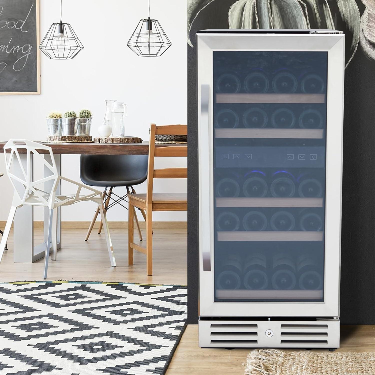 15 Inch Wine Cooler Under Counter, 29 Bottle Dual Zone Wine Fridge Wine Refrigerator with Stainless Steel Digital Temperature Control, Temperature Memory, Built-in or Freestanding Wine Cellar