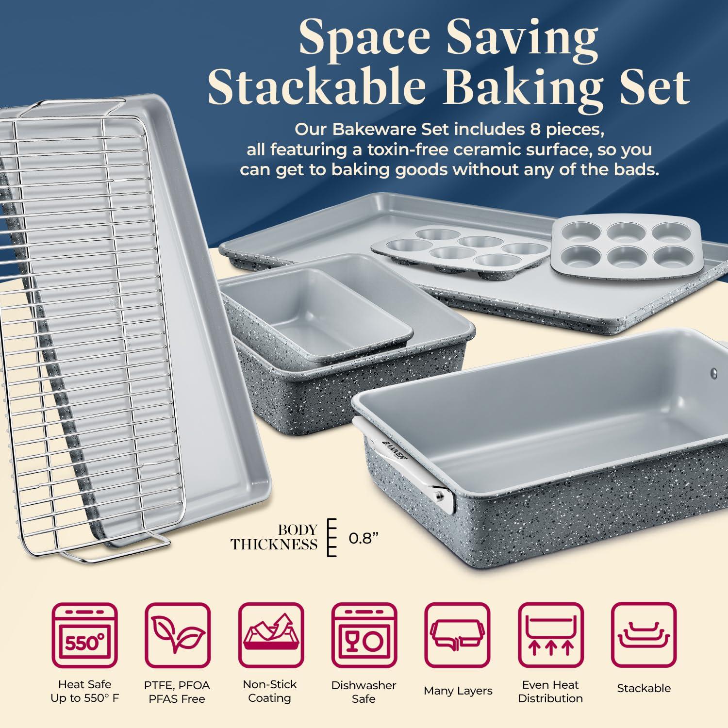 Bakken Swiss 8-Piece Stackable Bakeware Set - Ceramic Non-Stick Coating - MARBLE