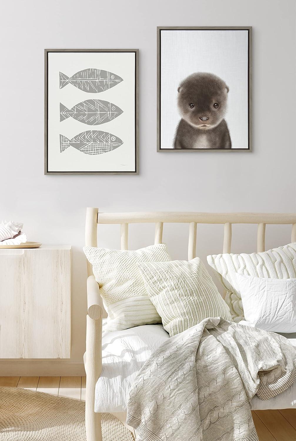 Kate and Laurel Sylvie Baby Otter Color Illustration Framed Canvas by Simon Te of Tai Prints, 18x24, Gray