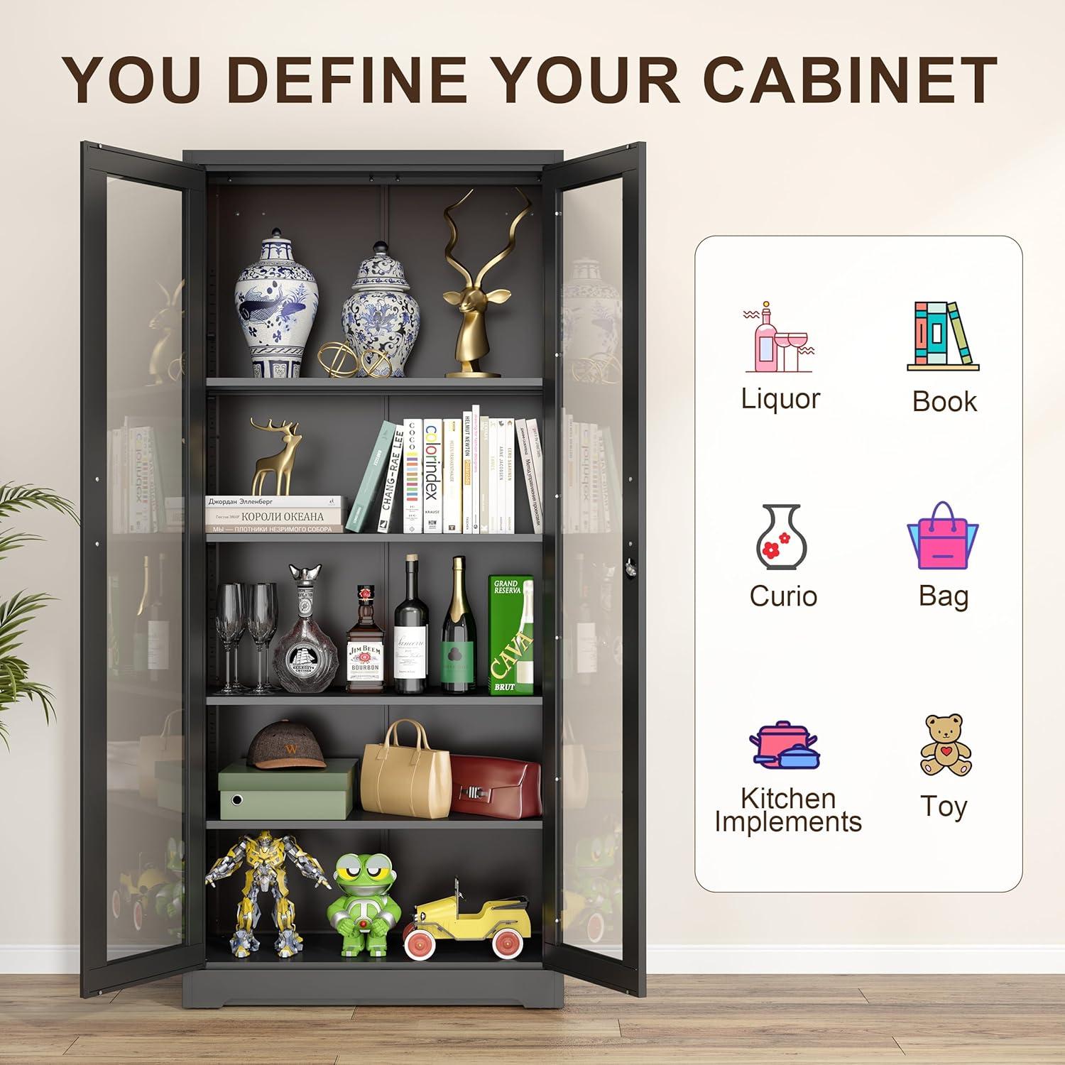 Display Cabinet With Glass Doors, Curio Cabinets With 4 Adjustable Shelves, Locking Glass Cabinet Display Case For Home, Office, Clinic, Pantry, Assemble Required