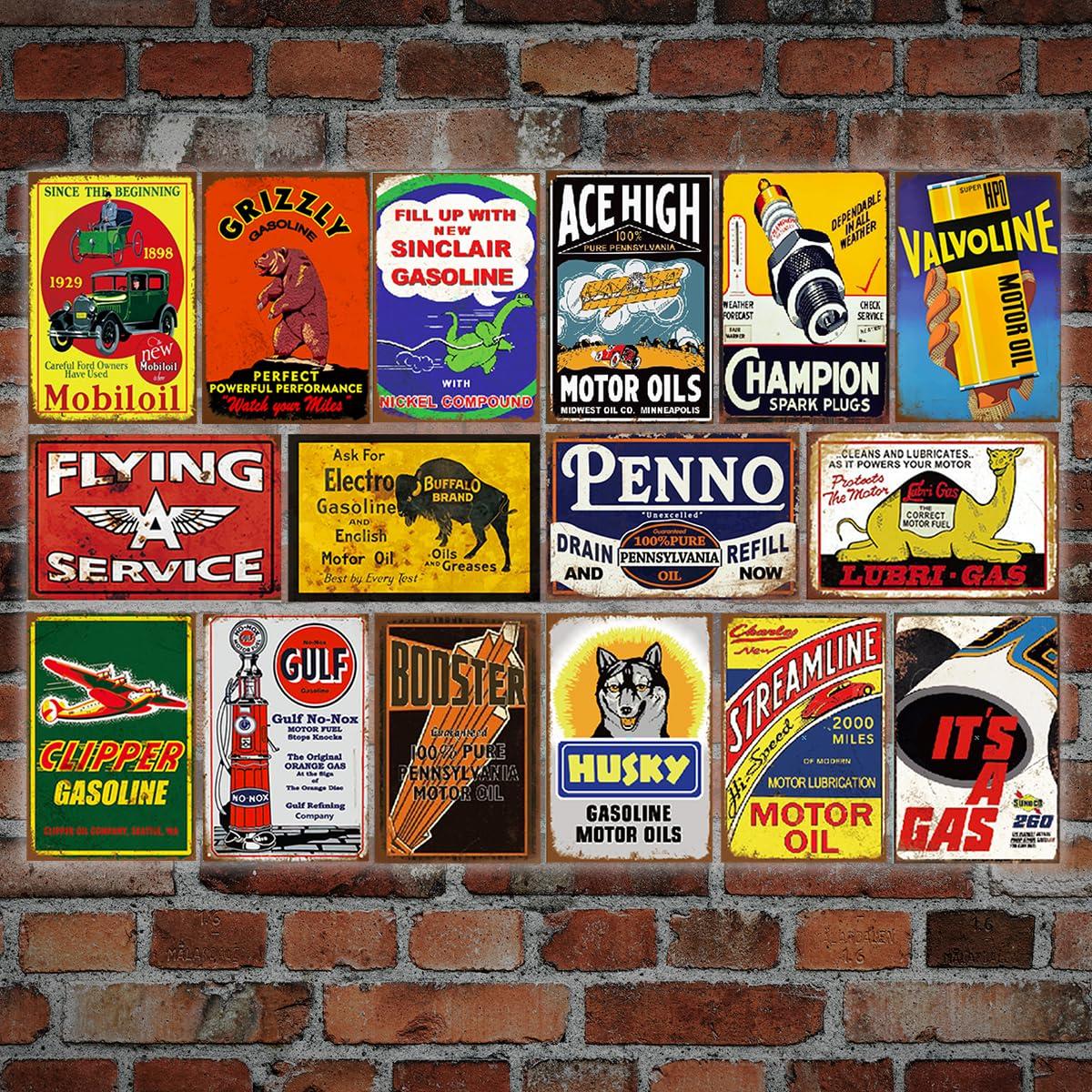 Reproduced Vintage Tin Sign Pack, Gas Oil Retro Advert Antique Metal Signs for Garage Man Cave Bar Kitchen, Nostalgic Car Decor, 8x12 Inch (35 Pieces A)