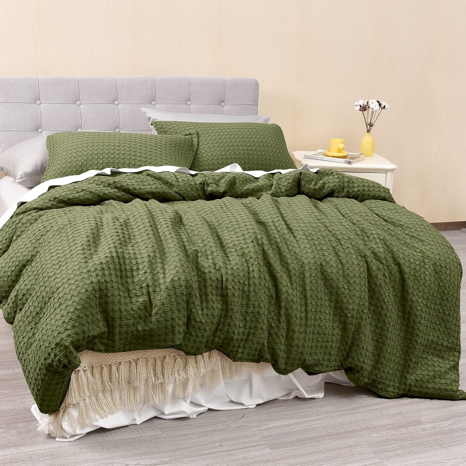 Olive Green Cotton Waffle King Duvet Cover Set