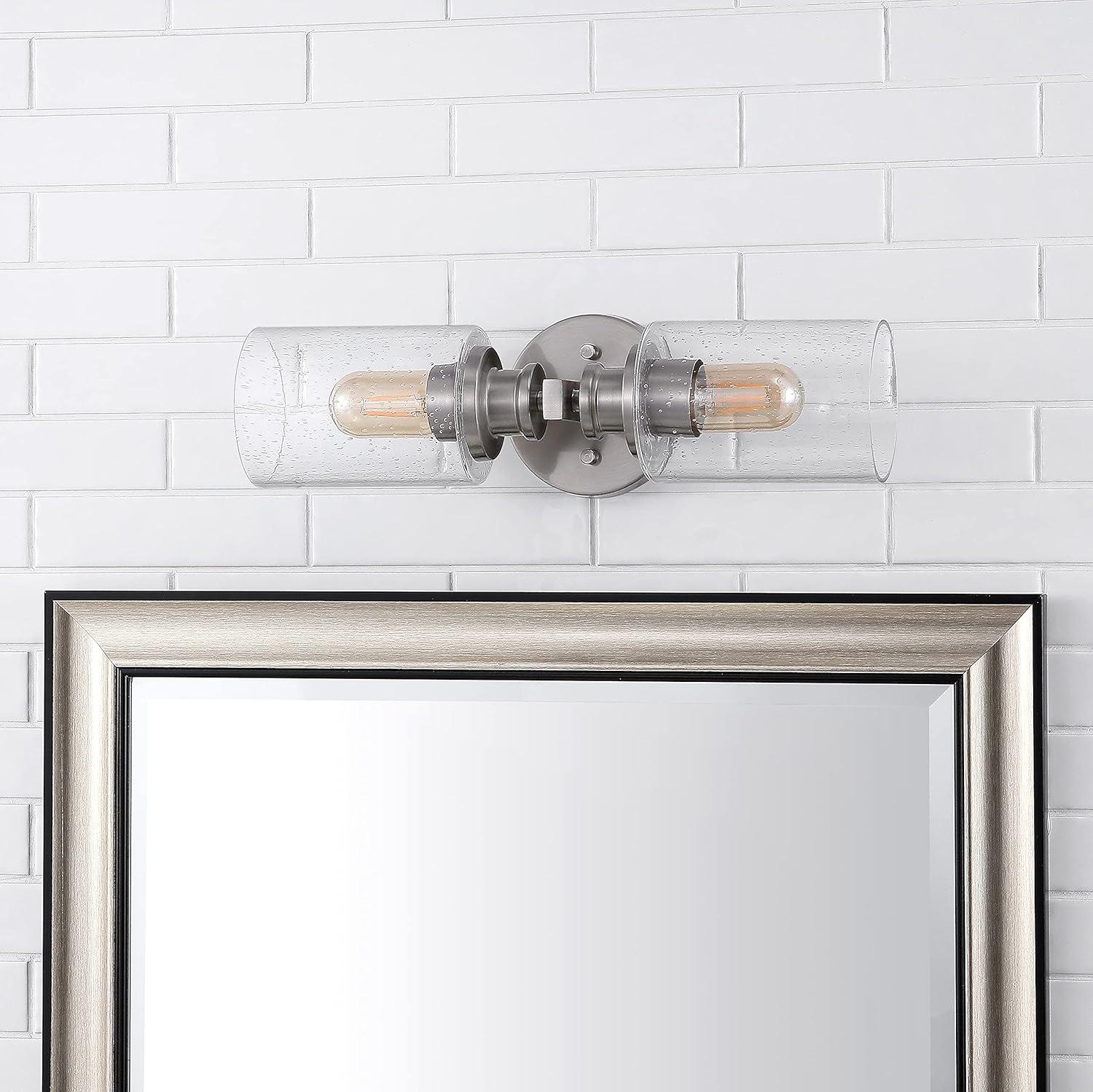 JONATHAN Y Jules Edison 16.5" Cylinder 2-Light Iron/Seeded Glass Farmhouse Contemporary LED Wall Sconce, Nickel
