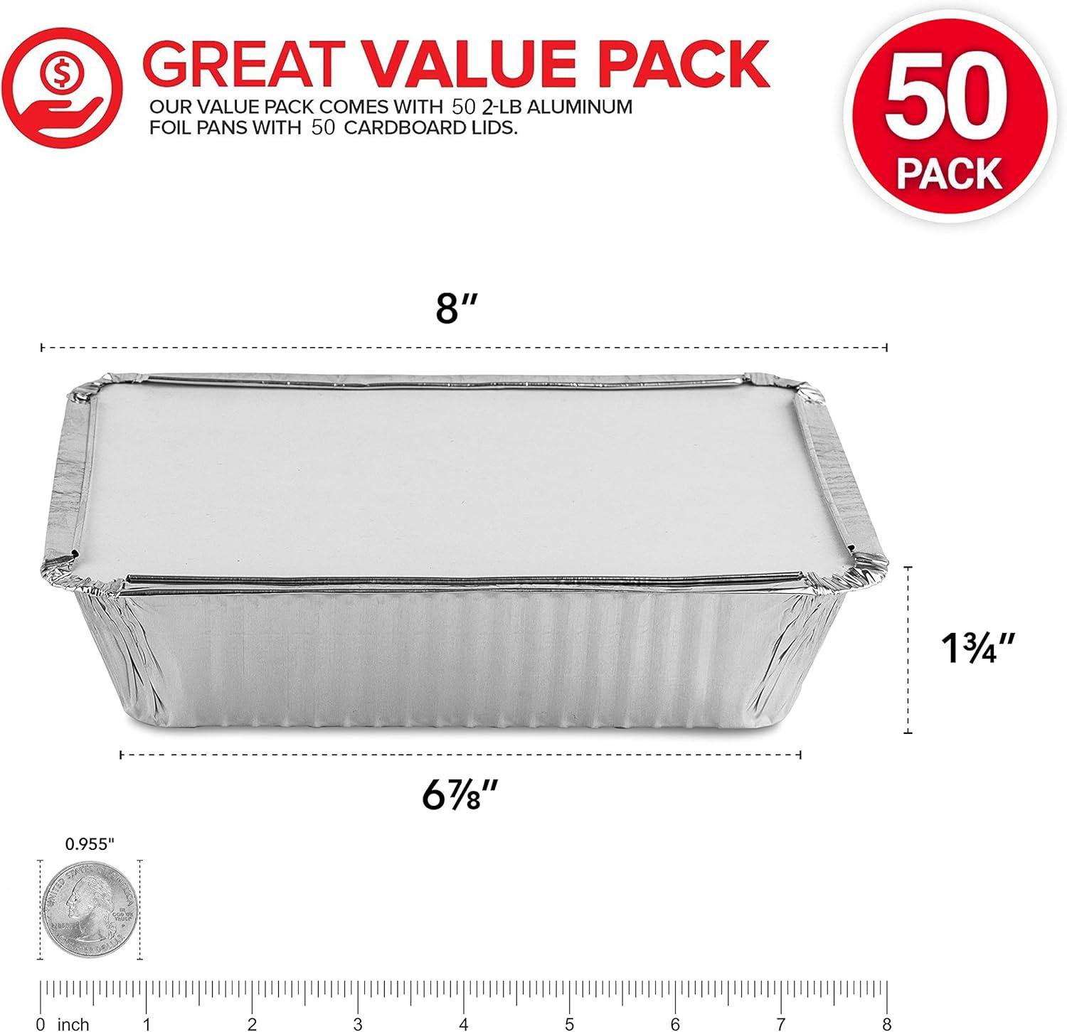 Stock Your Home Aluminum Pans with Lids (50-Pack) - 2 Lb Disposable Foil Takeout Containers