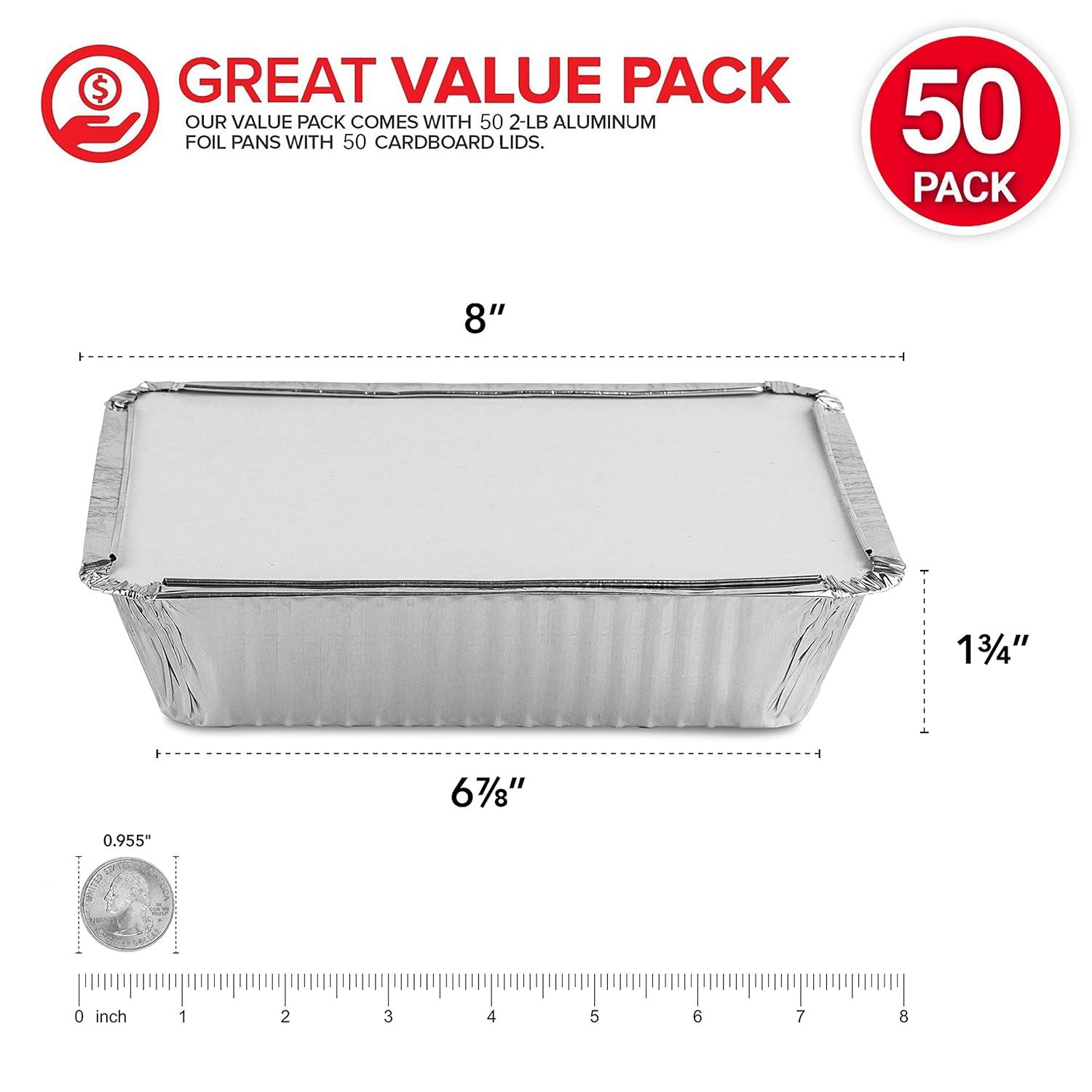 Stock Your Home Aluminum Pans with Lids (50-Pack) - 2 Lb Disposable Foil Takeout Containers