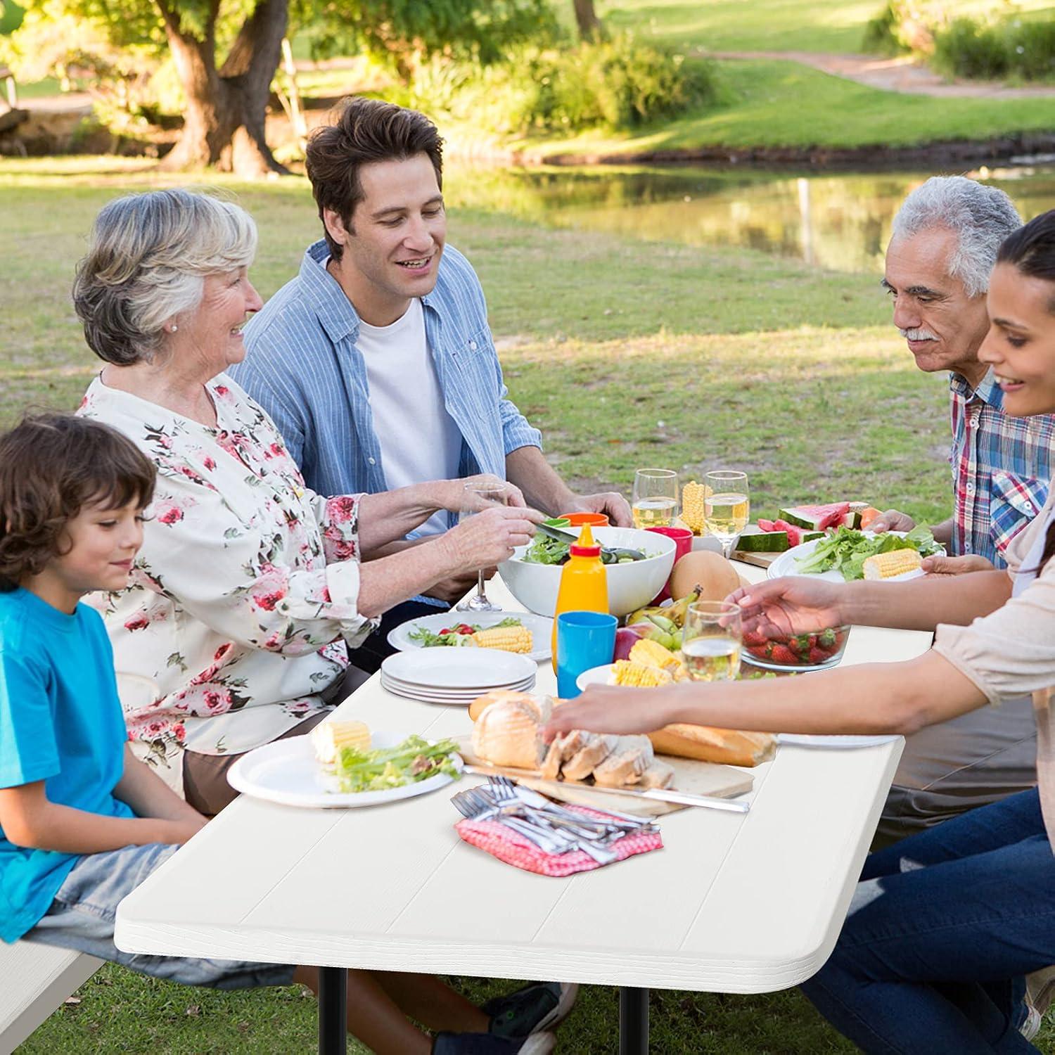 White Plastic Folding Picnic Table Bench Set with Wood-Like Texture