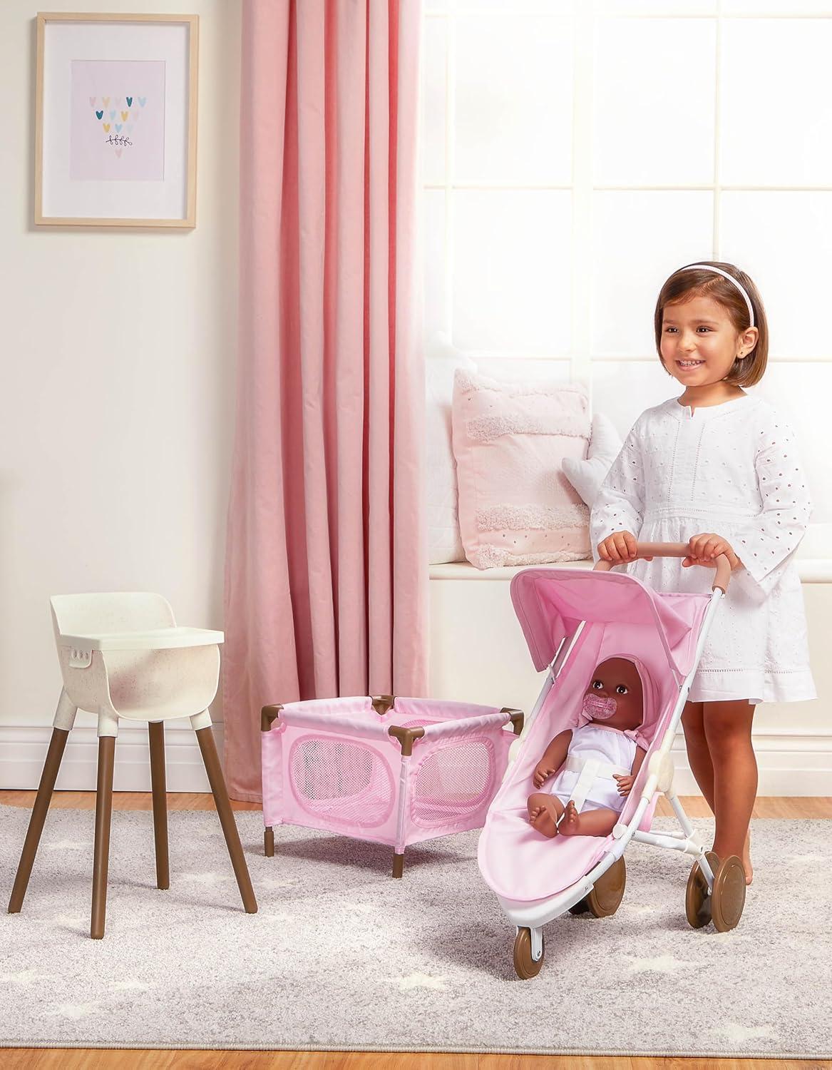 LullaBaby Pale Pink and Brown Doll Nursery Playset with High Chair, Playpen & Stroller