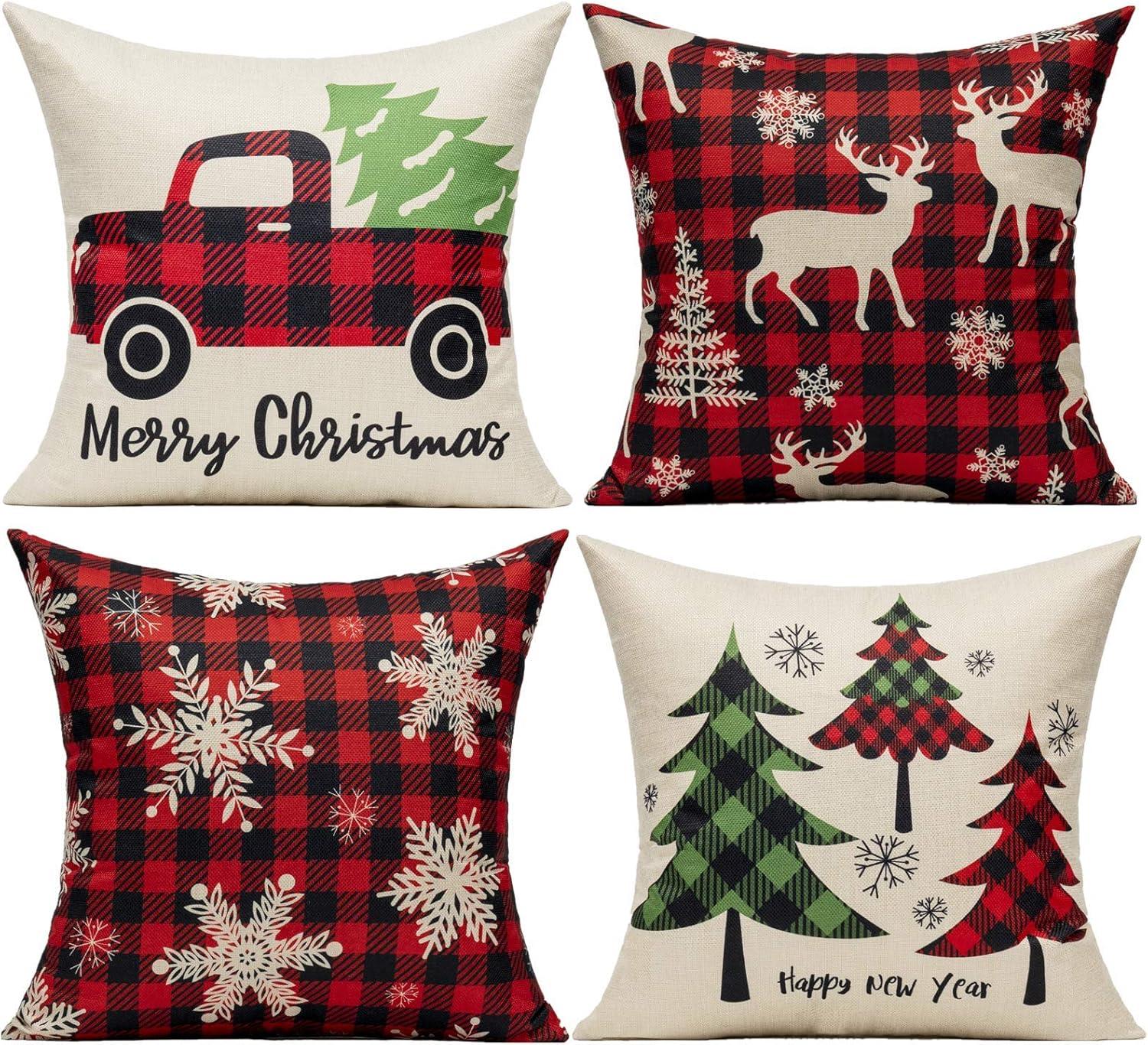 BEAUTY Merry Christmas Throw Pillow Covers 18 x 18 Inch Set of 4  Red Barn Merry & Bright Xmas Farmhouse Holiday Pillowcases for Home Outdoor Decoration CP053-18