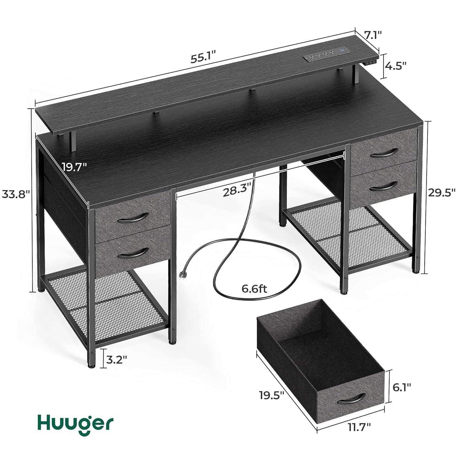 Huuger 55 inch Computer Desk with 4 Drawers, Gaming Desk with LED Lights & Power Outlets, Home Office Desk with Large Storage Space for Bedroom, Work from Home, Black