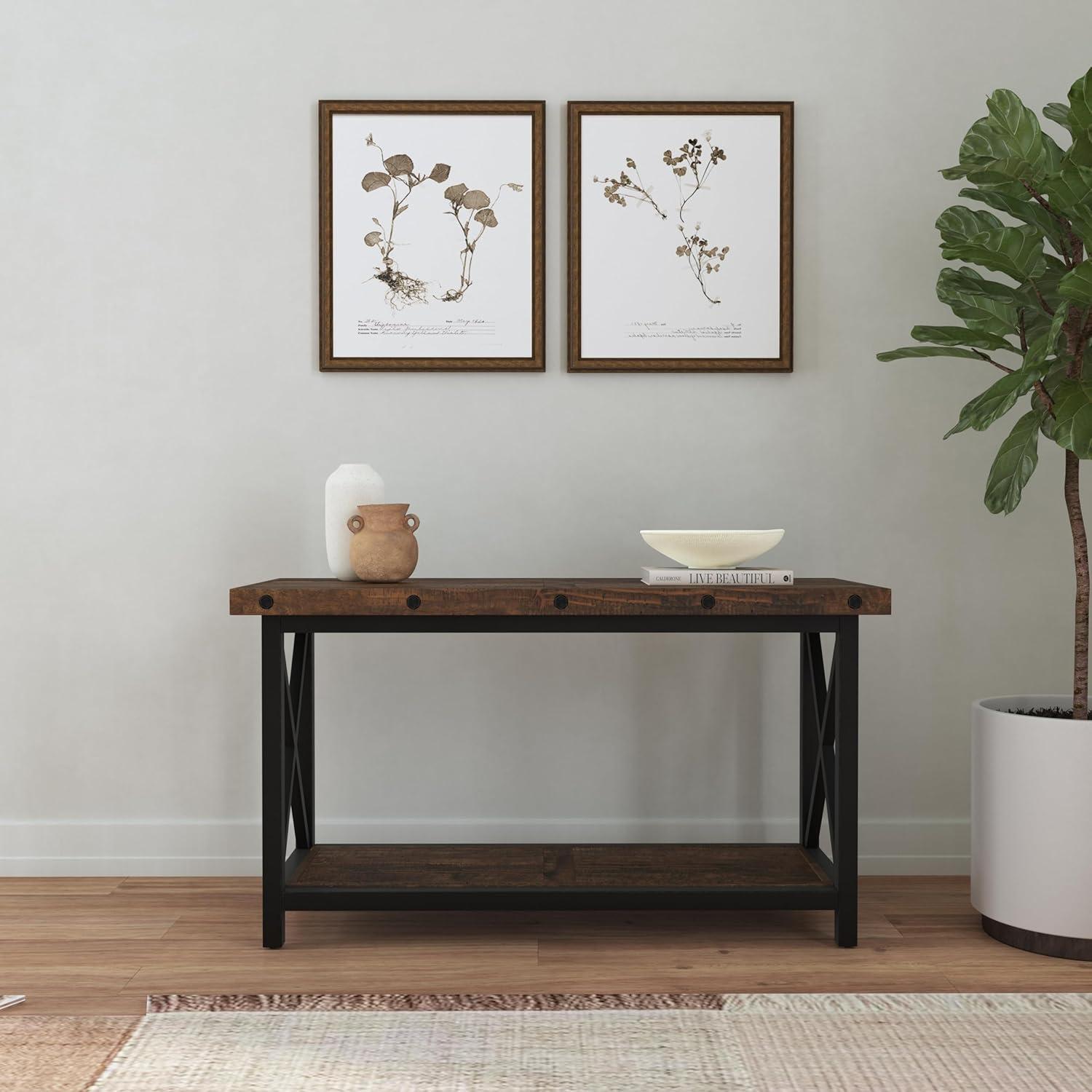 Homestyles Portman Brown Sofa Table with Metal Frame and Exposed Bolt Heads