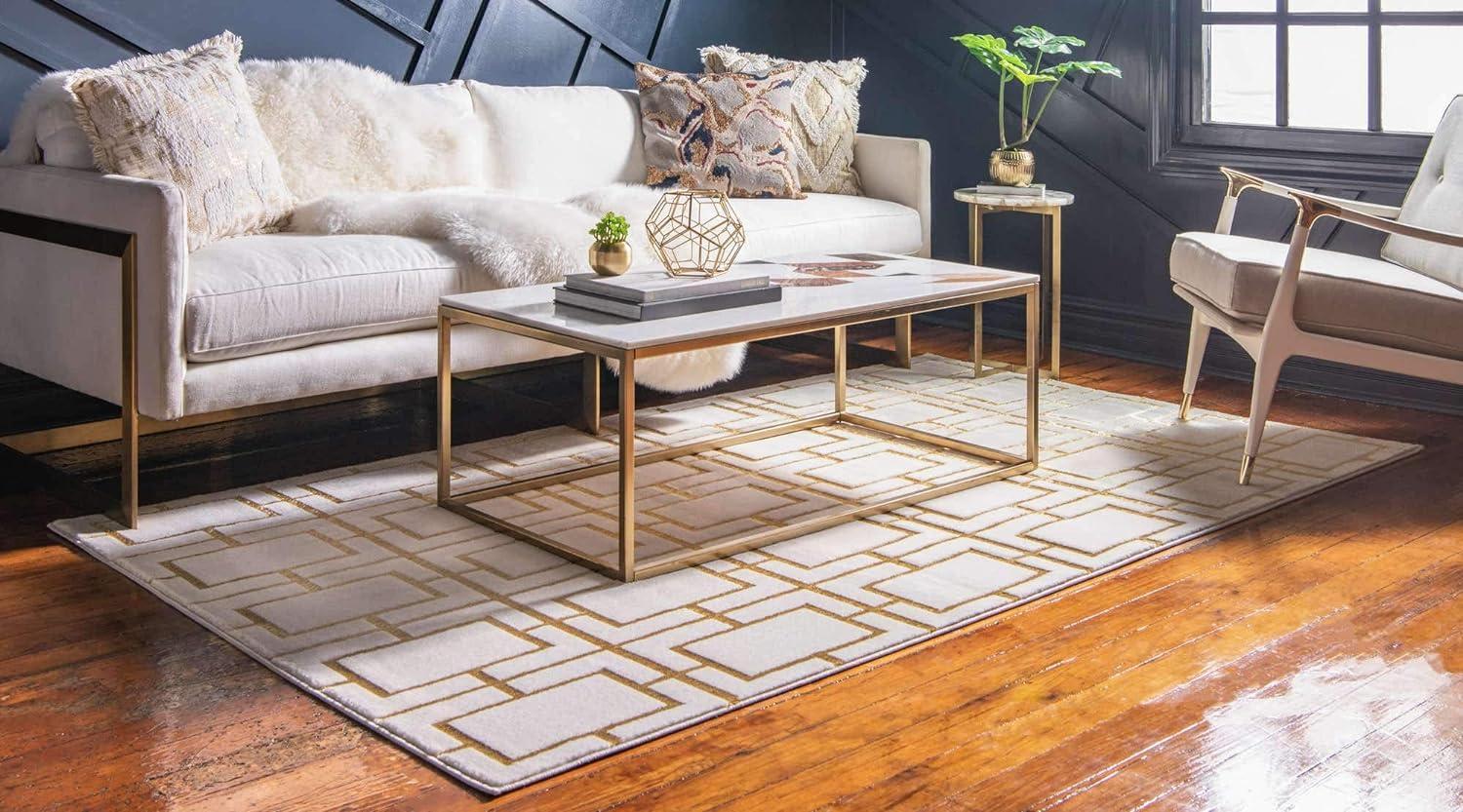 Rectangular White and Gold Geometric Stain-Resistant Area Rug