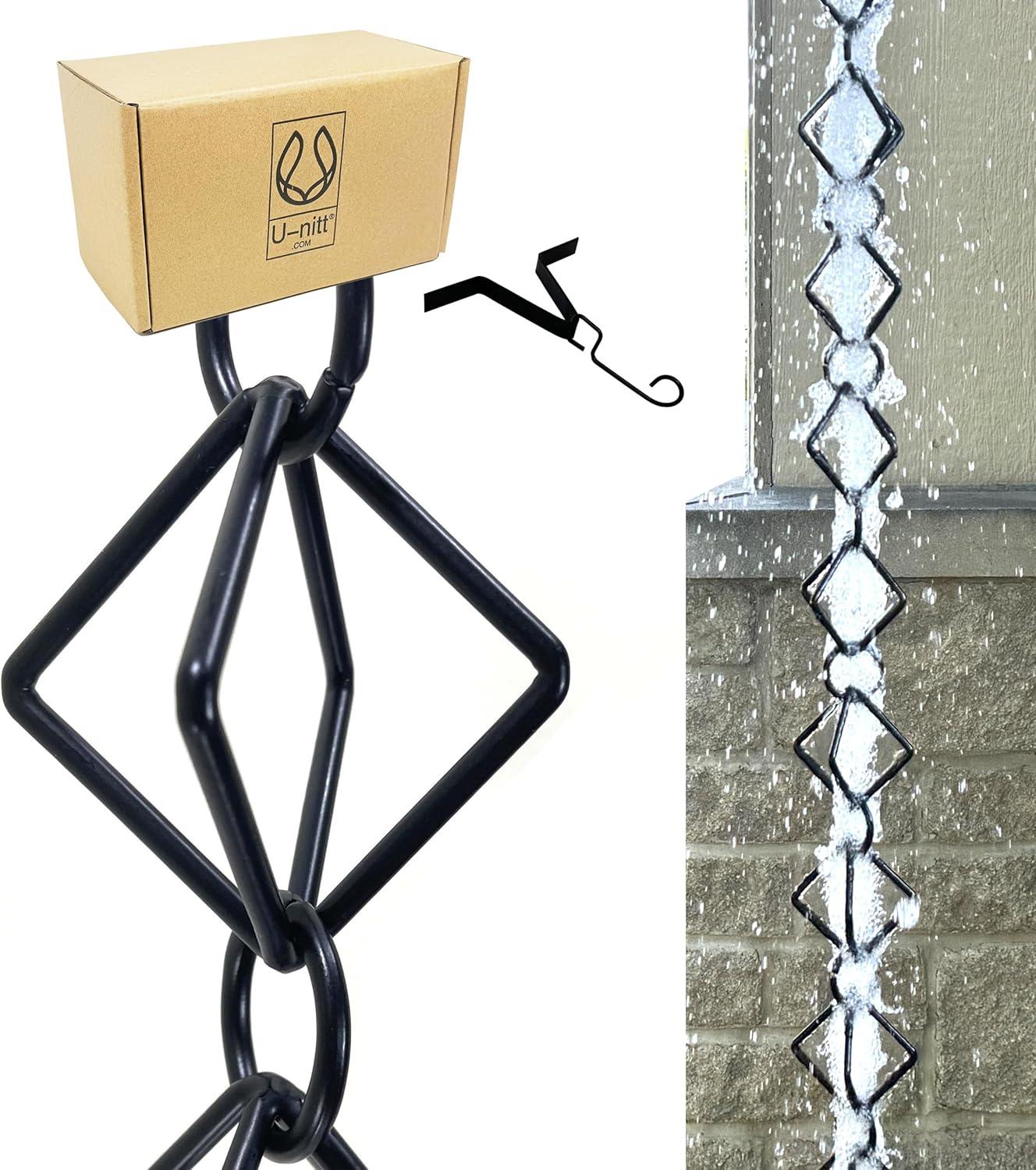 U-nitt Rain Chains, Roof Gutter Downspout, Rainwater Catcher/Diverter, 8.5 FT, Metal, Black Powder Coated, Perfect Diamond Links, Modern, 6004BLK