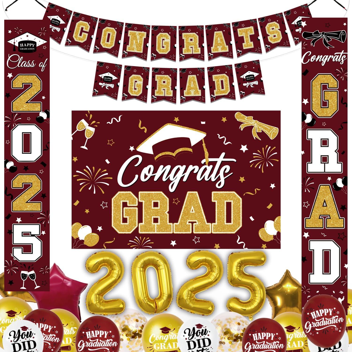2025 Graduation Party Decoration, Red Gold Themed Set with Congrats Grad Banner, Balloons, Foil Number 2025 for Class of 2025 Graduation Party Supplies
