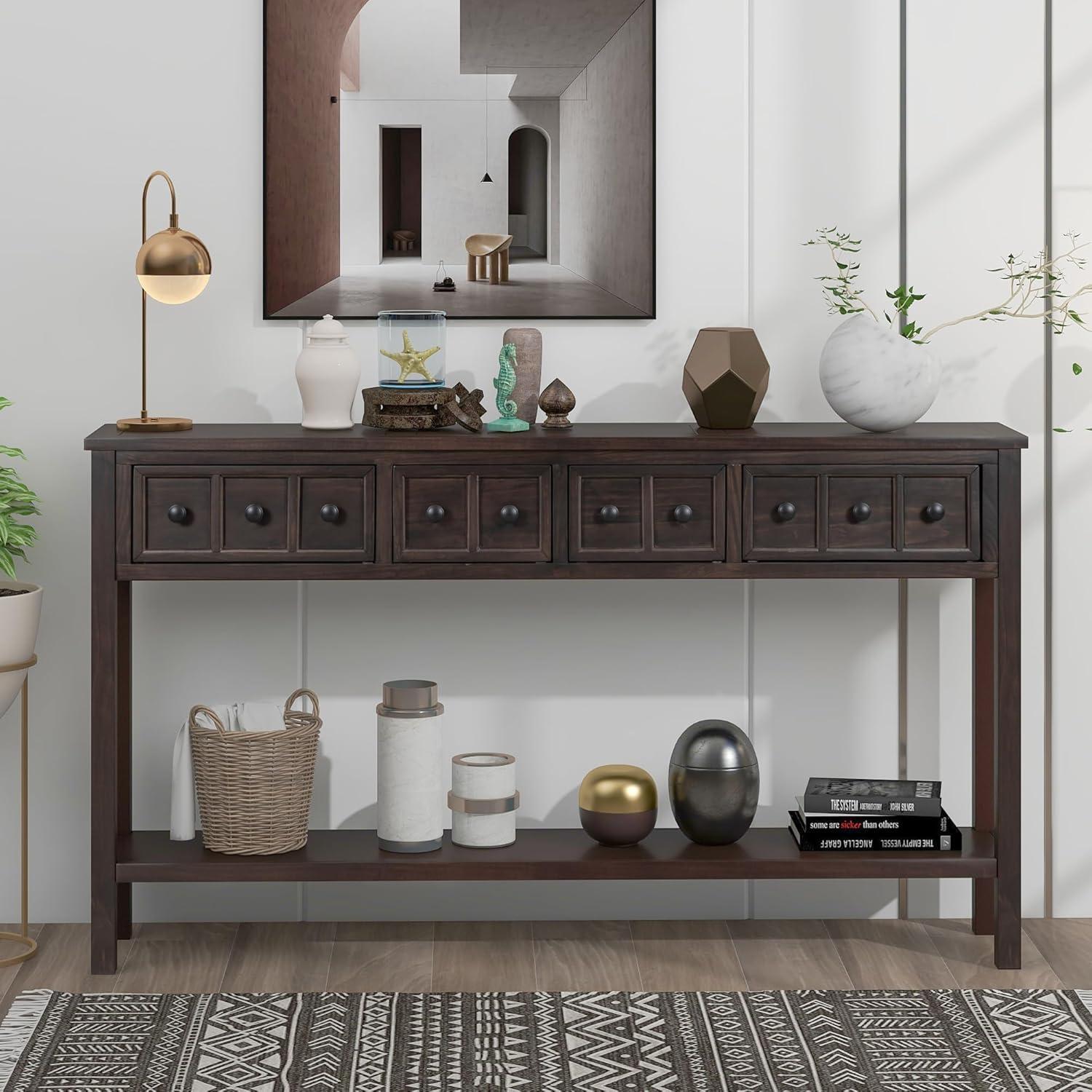 Merax Long Entryway Console Table with 4 Storage Drawers, 60" Solid Wood Sofa Table with Bottom Shelf, for Living Room Hallway, Espresso