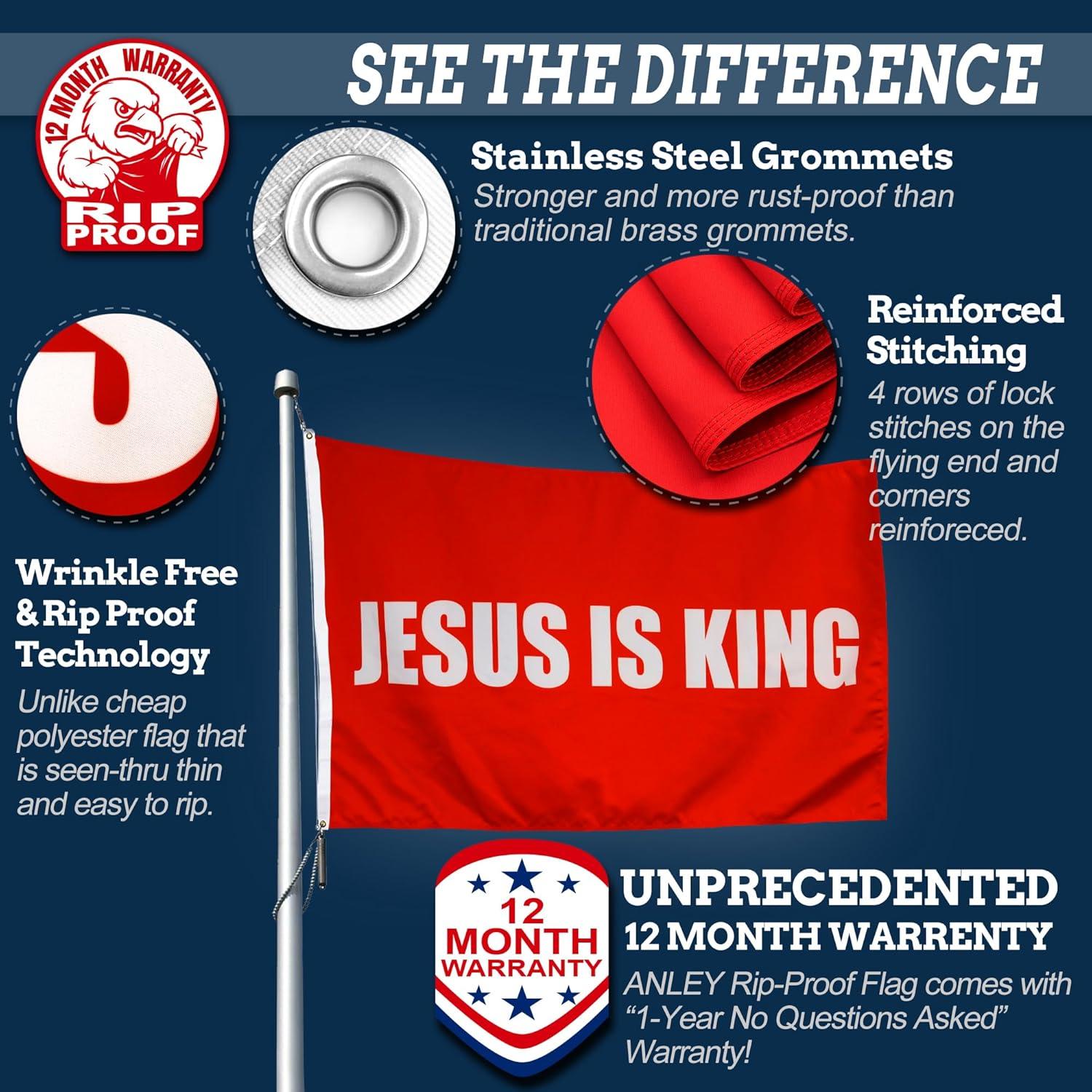 Rip-Proof Red and White Cotton Blend Jesus is King Flag 3x5 Foot